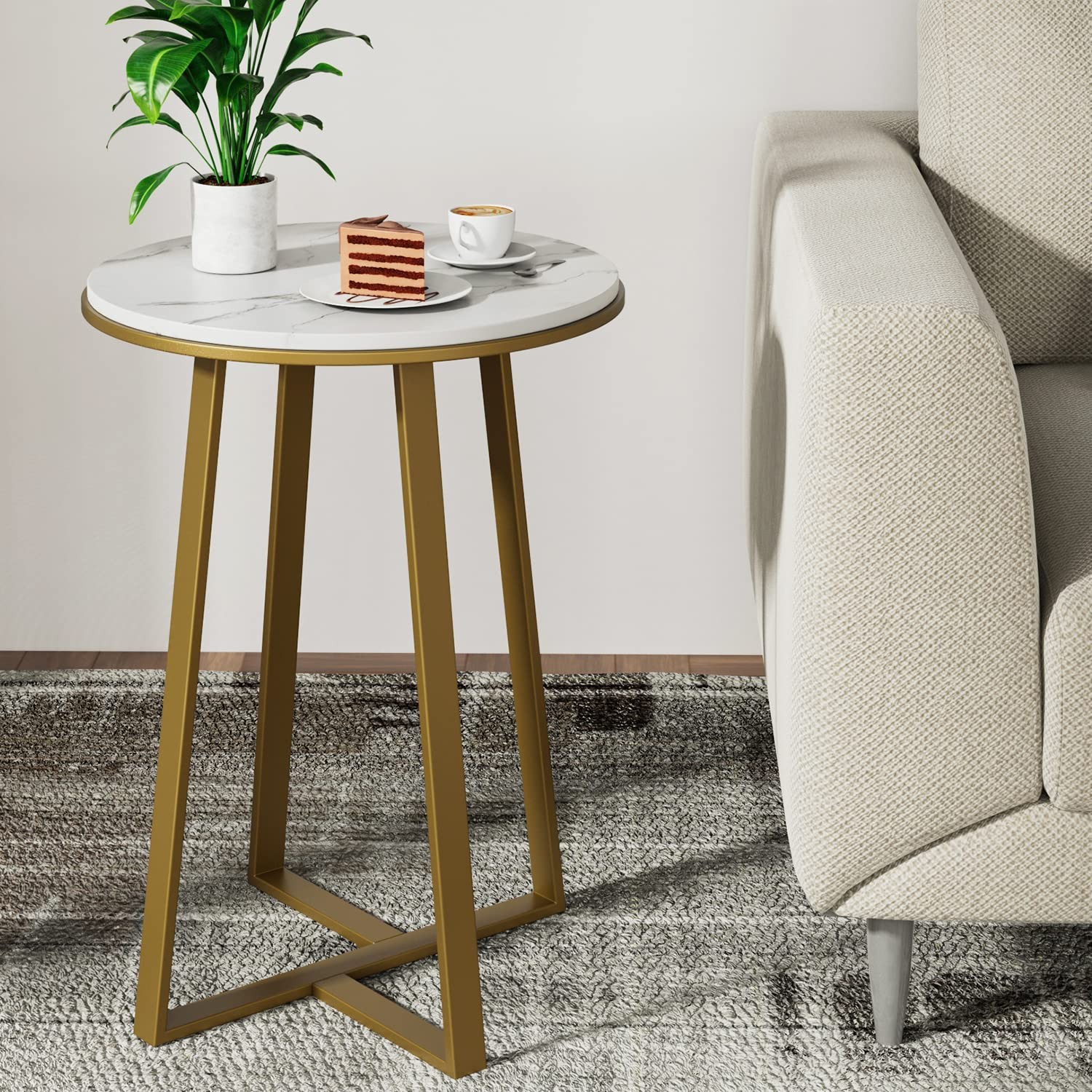 Dorriss Round End Tables, Small Side Table White Marble Texture MDF Top,Metal…