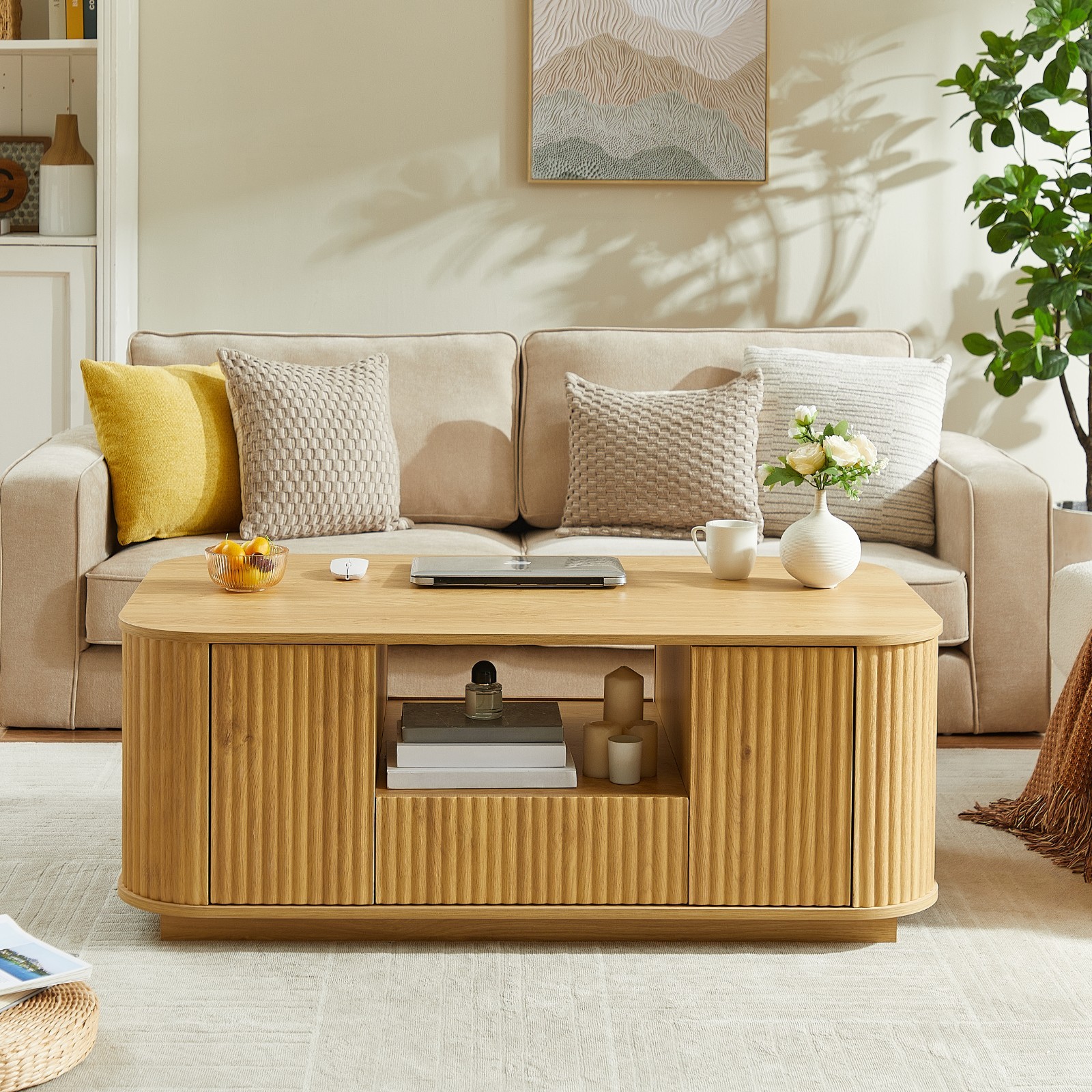 Modern Oval Coffee Table Center Table With Storage Drawers Doors For Living Room