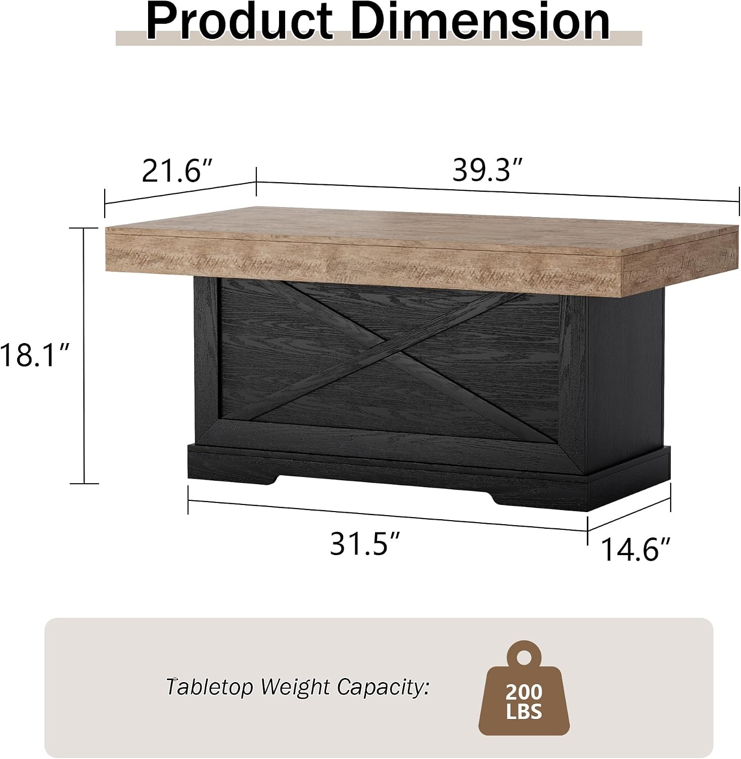 Coffee Table 39 in Rustic Center Table W/ X-Design Wooden Pedestal Living Room
