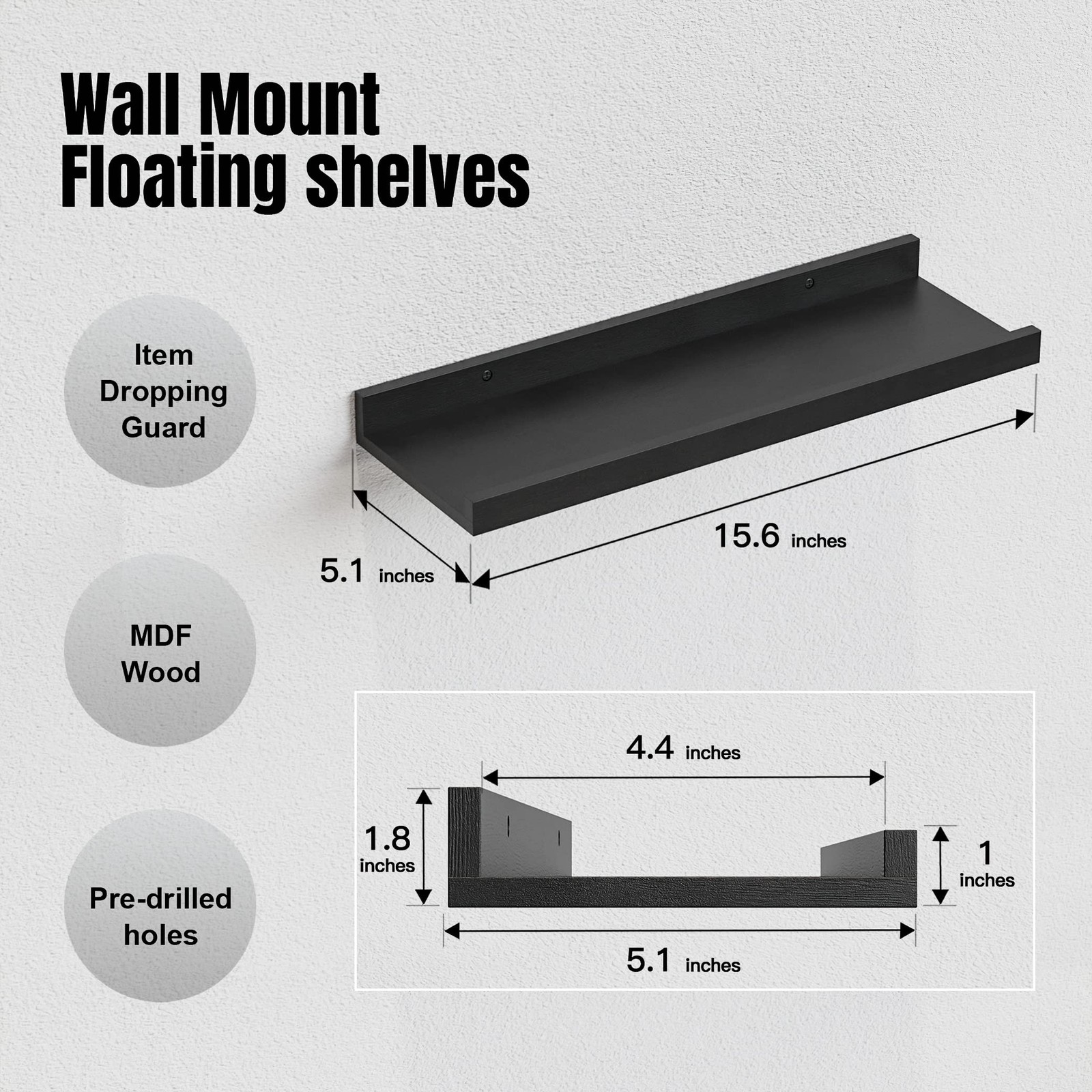 RICHER HOUSE 5 Set Floating Wall Mounted Shelves, Black 5pcs*15.75in,