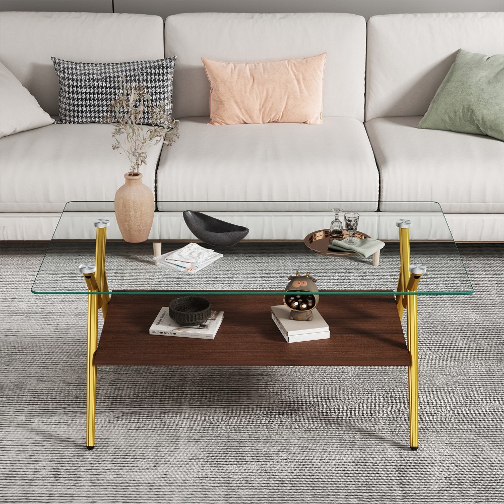 Rectangle Coffee Table, Tempered Glass Top, Gold Metal Legs, Modern Clear