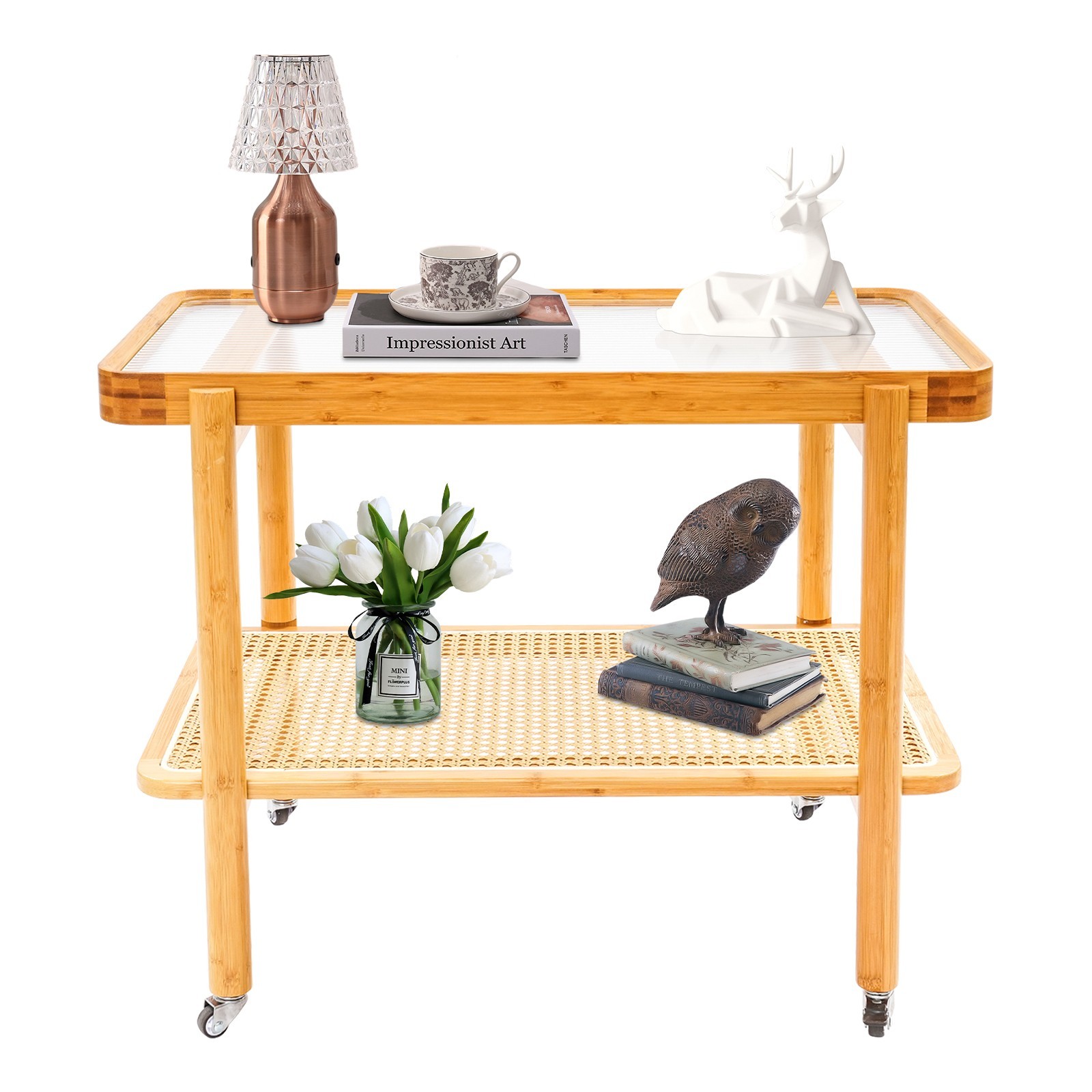 Tempered Glass, Resin, Bamboo Coffee Table with Wheels, 2 Shelves Sofa Table US