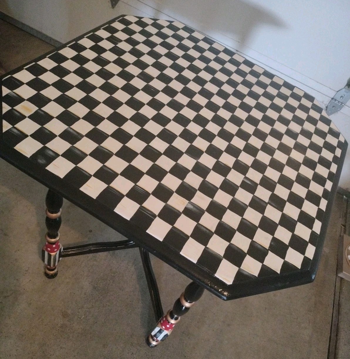 Whimsical Black & White Checked Side Table 28x28x30″ Gold Red Hand Painted By Me