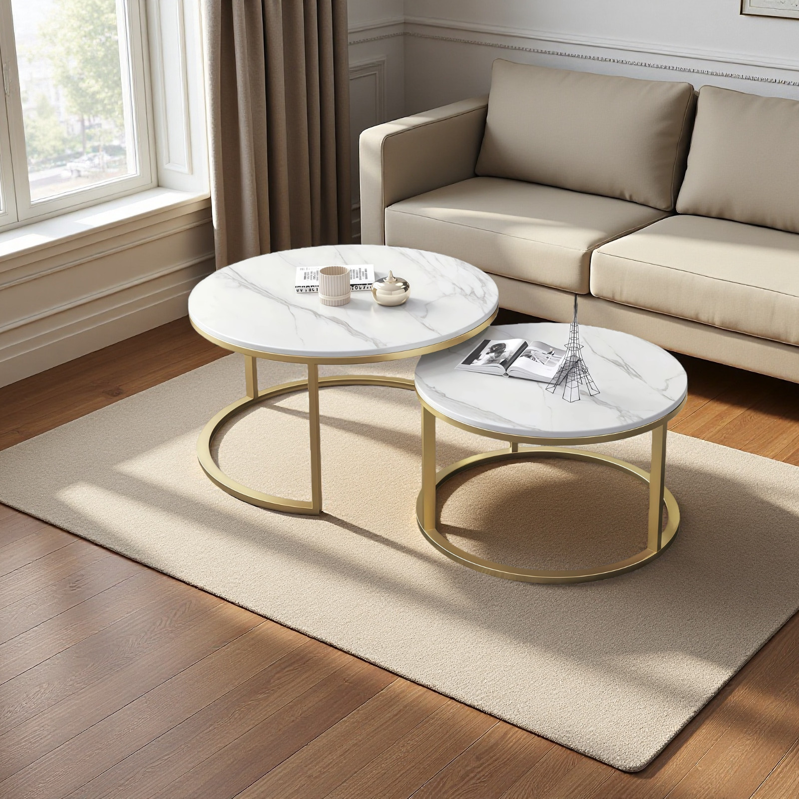 Multi functional 2-piece set of white and gold coffee table