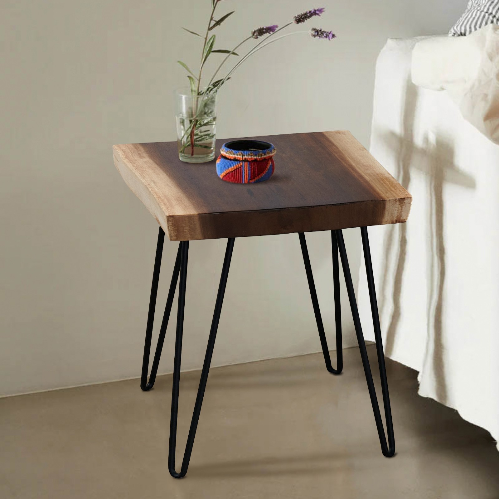 Natural Teak Wood Square End Side Table with Hairpin Legs 20.9″ H Home Decor