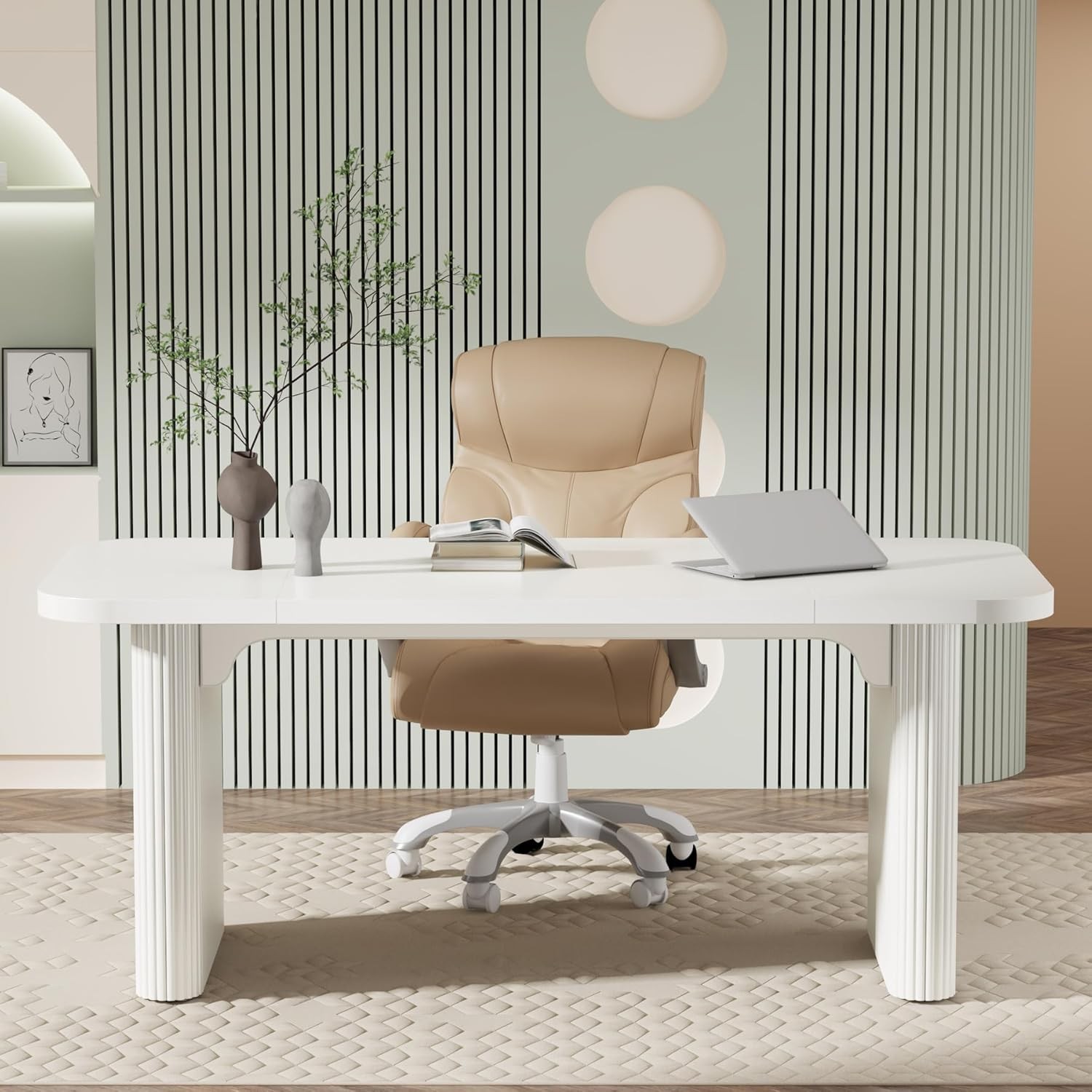 62-Inch Modern Executive Desk, Wood Office Desk, Large Aesthetic Computer Desk