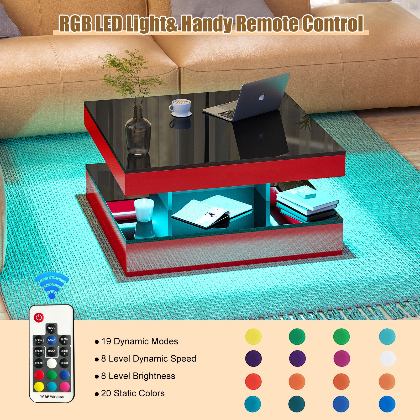 Red LED Coffee Table for Living Room 2-Tier Square Center Table Modern High Glos