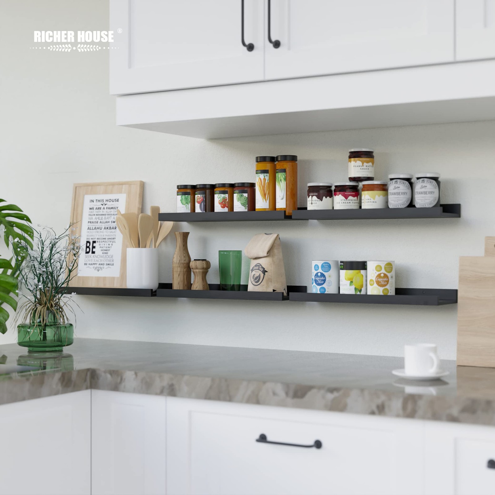 RICHER HOUSE 5 Set Floating Wall Mounted Shelves, Black 5pcs*15.75in,
