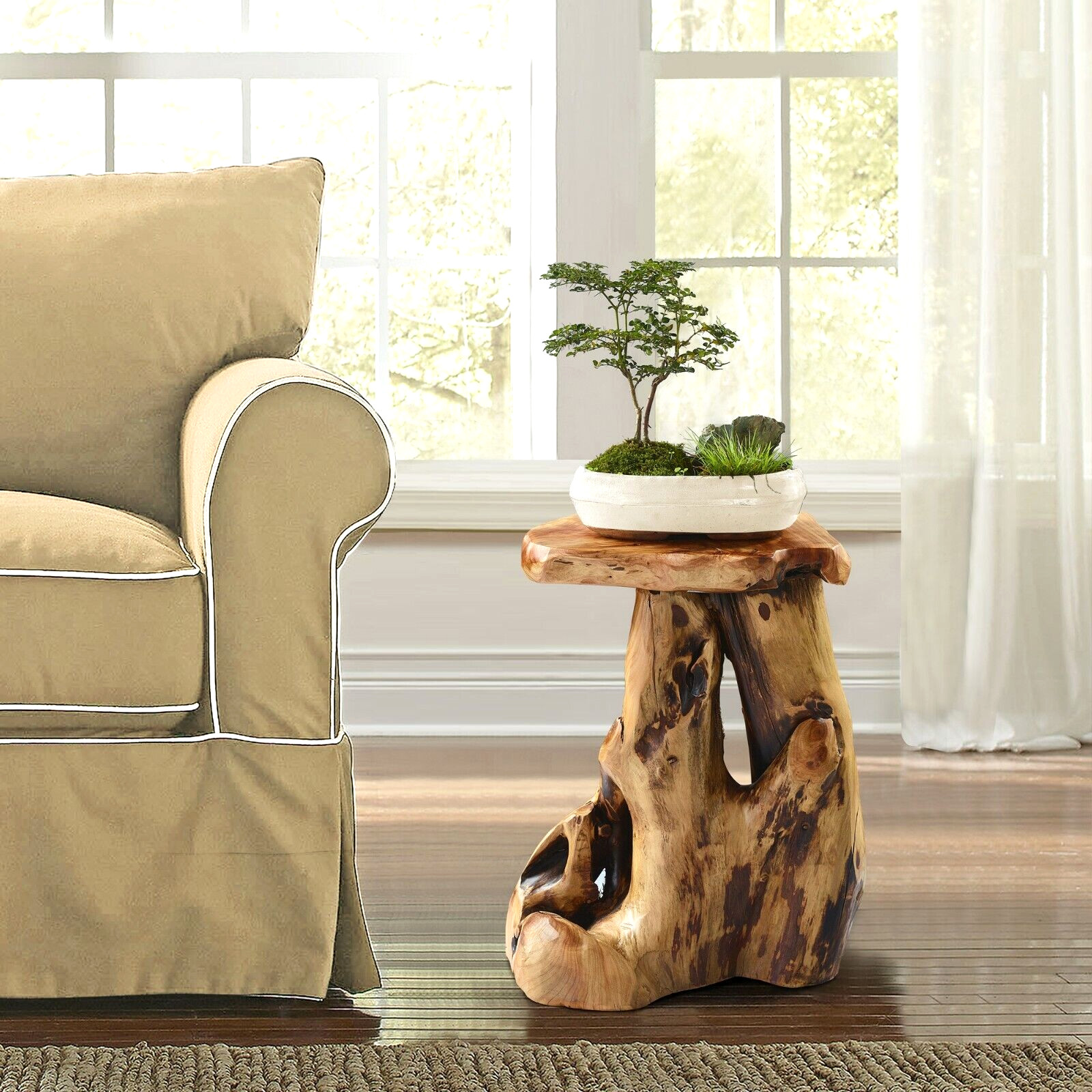 Rustic Cedar Roots Flower Stand Stool, Tree Stump Stool Side Table 19.5″ H