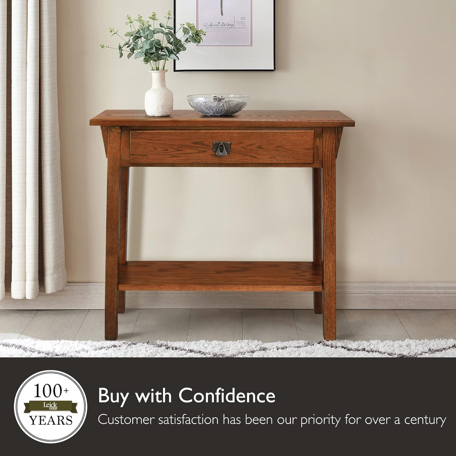 Narrow Mission Console Table with Drawer & Shelf, Solid Wood, Russet Finish
