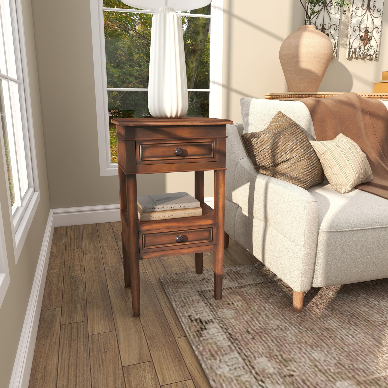 Stylish Brown Wood Side Table with 2 Drawers and Shelf – 16″ x 12″ x 29