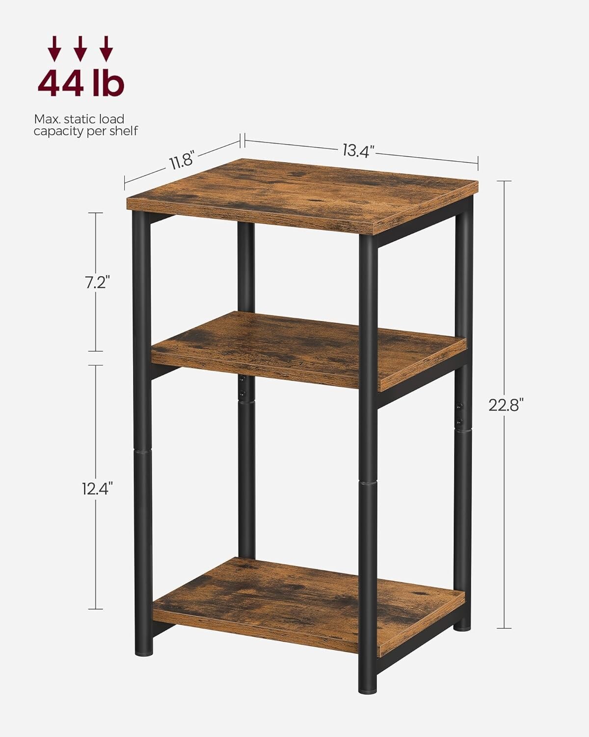 Compact 3-Shelf Side Table – Versatile Rustic Brown & Black Finish for Any Room