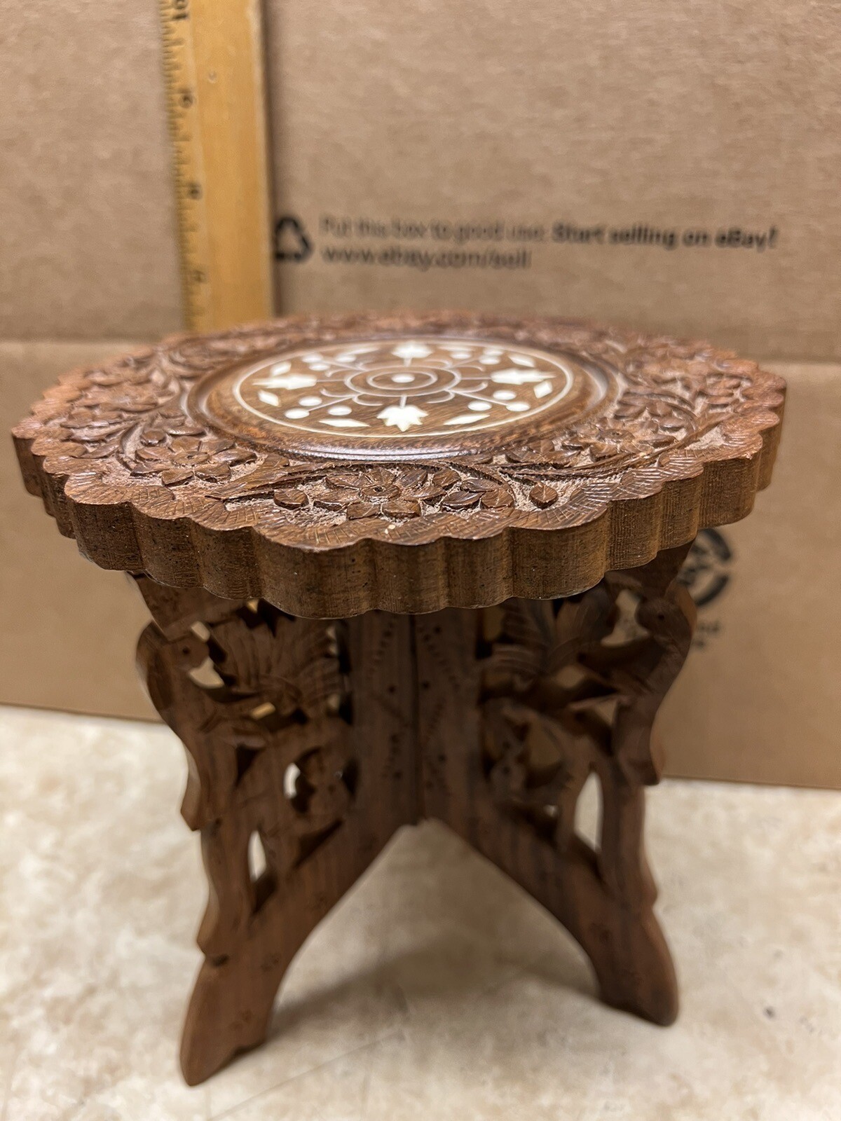 SmalI Hand Carved Teak Wood W/ Shell Inlay Folding Stool Table/Plant Stand/India