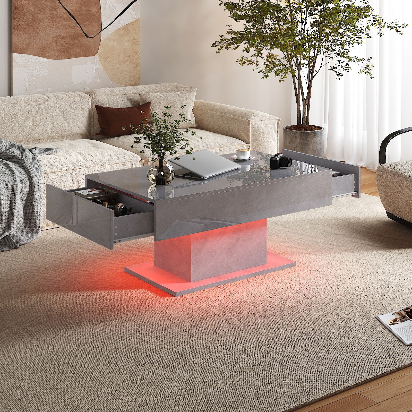 High Glossy Led Coffee Table with 2 Storage Drawers for Living Room Center Table