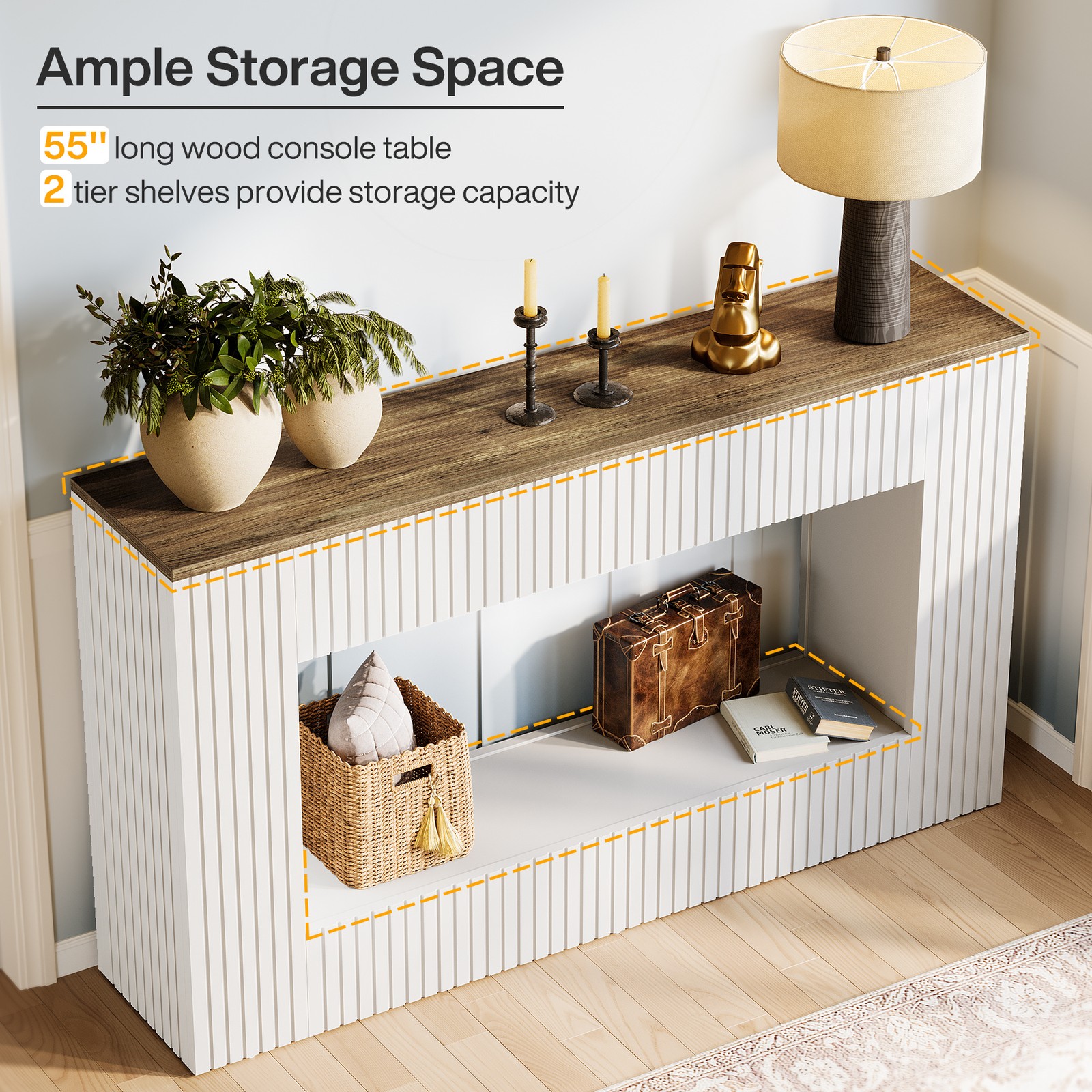 55-Inch Modern Console Table Long Wood Narrow Entryway Table w/ Storage Shelves