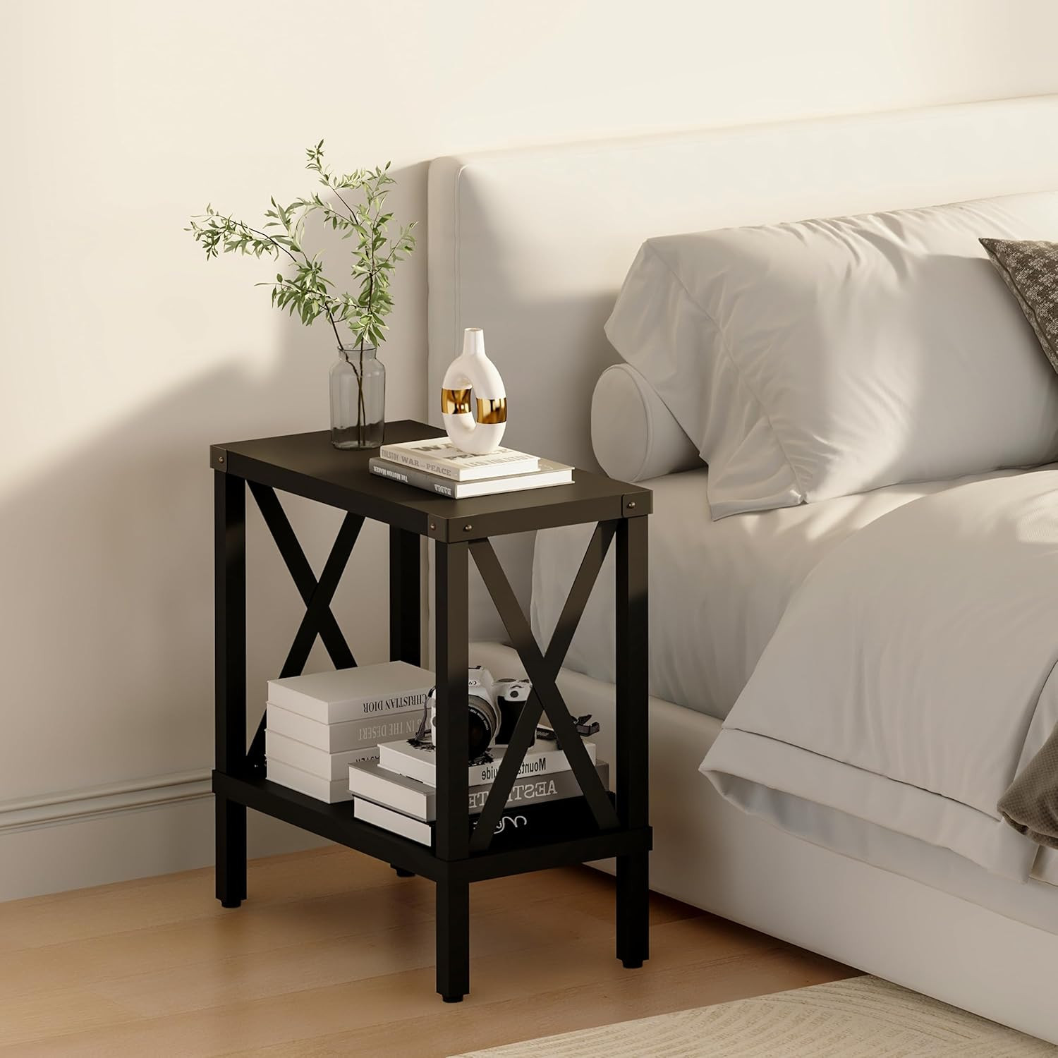 Slim Farmhouse End Table with Storage – Stylish Black Nightstand for Any Room