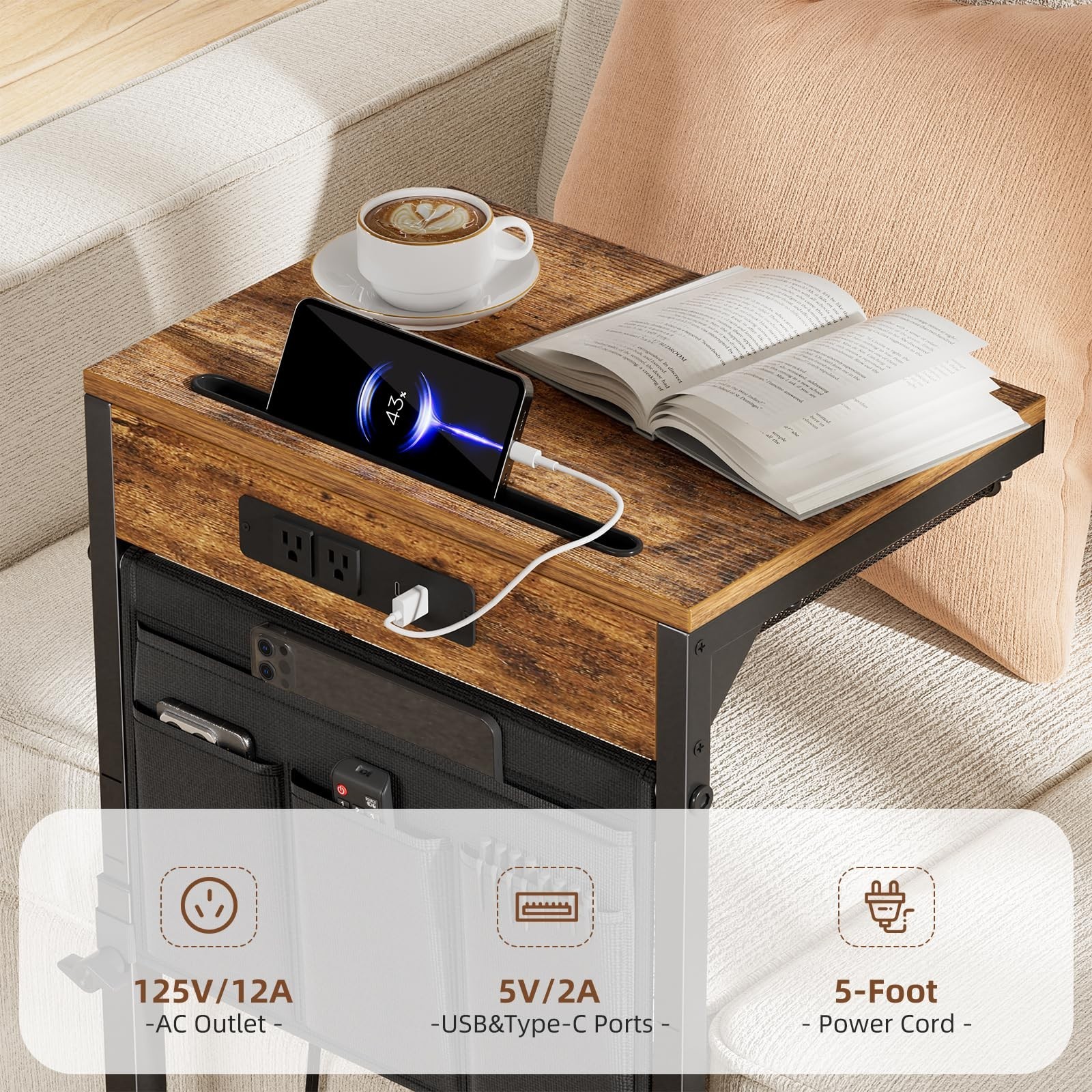 C Shaped Side Table with Charging Station, Adjustable Height, Rustic Brown, Stor