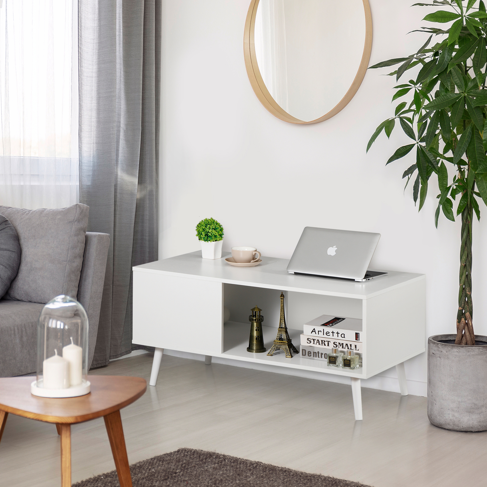 Wooden Retro Coffee Table Rectangular w/Open Storage Shelf for Living Room White