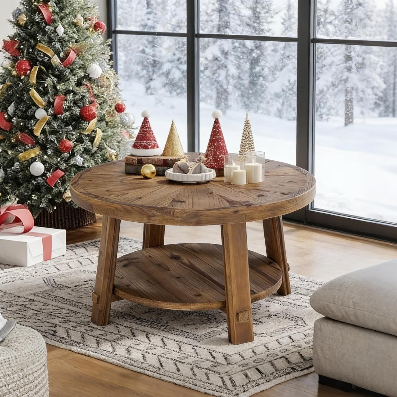 Solid Wood Round Coffee Table, 2-Tier Farmhouse Center Table for Living Room