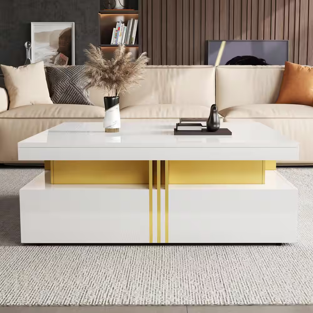 43.3 In. Glossy White Rectangle MDF Wood Coffee Table with 4 Drawers