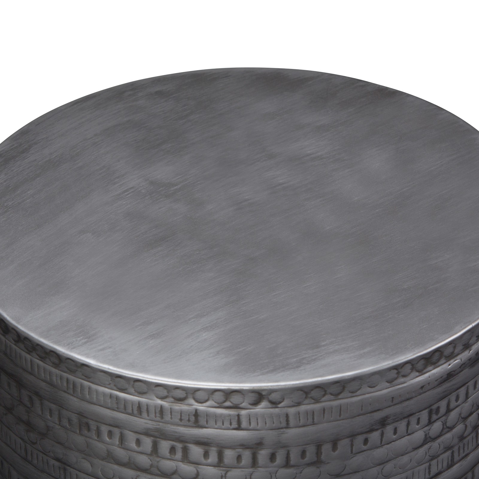 Johnsen 15 inch Wide Tribal Pattern Metal– Accent Table in Antique Silver