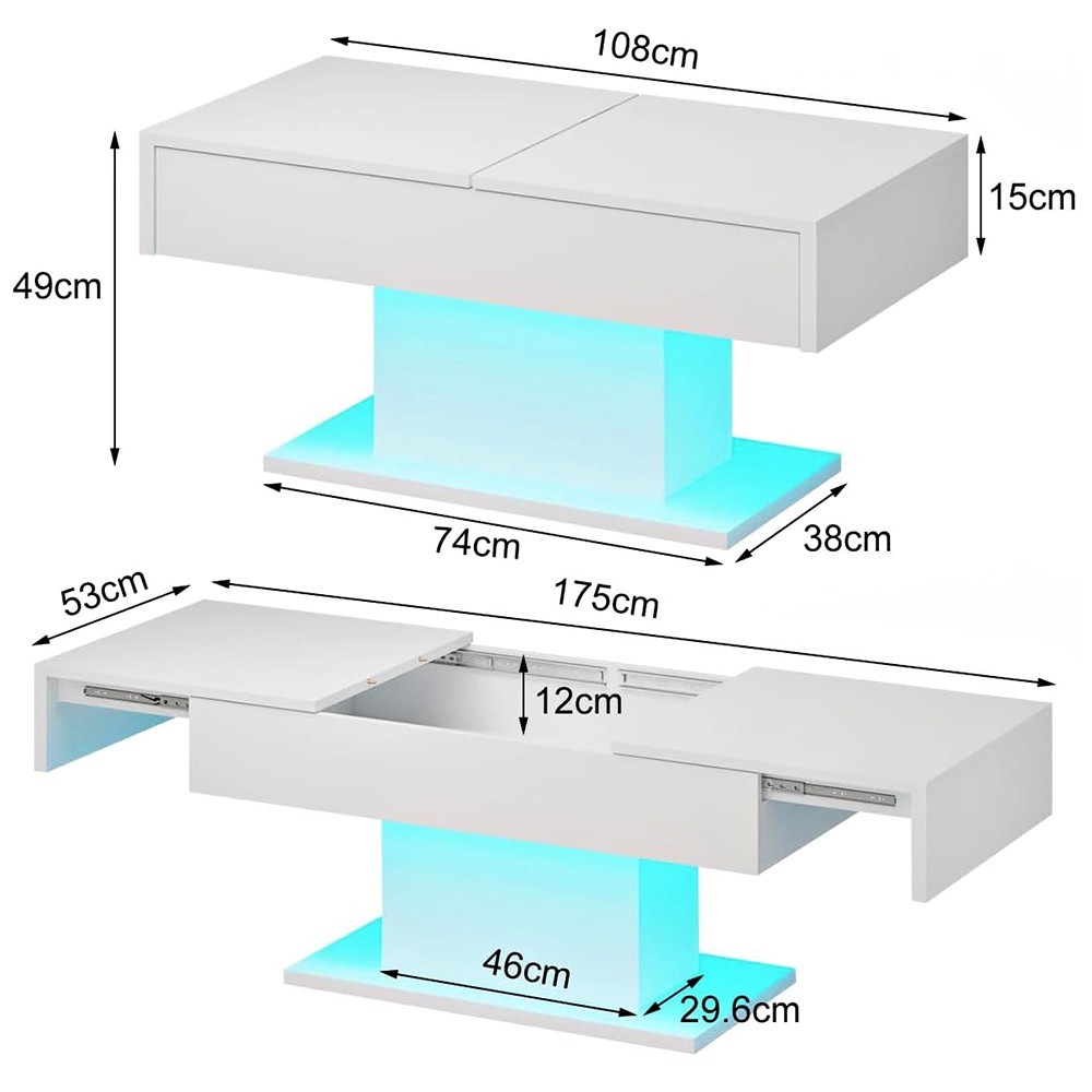 RGB LED MODERN COFFEE TABLE WITH HIDDEN STORAGE 69″ EXTENDABLE SLIDING TOP WHITE