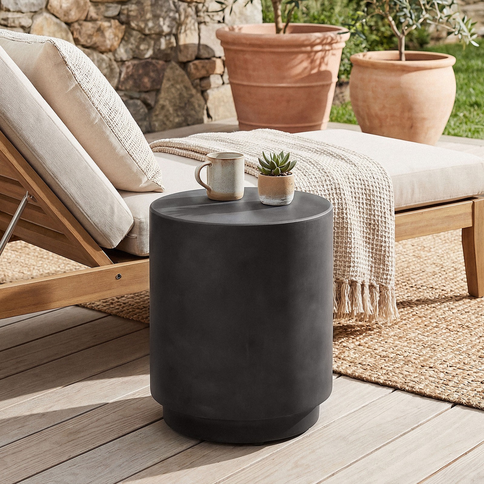 Lightweight Accent Table with Concrete Finish Round Side Table, Dark Gray