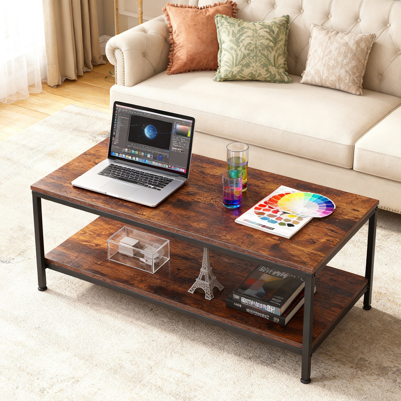 Rustic Brown Coffee Table for Living Room 2-Tier Coffee Tables With Storage