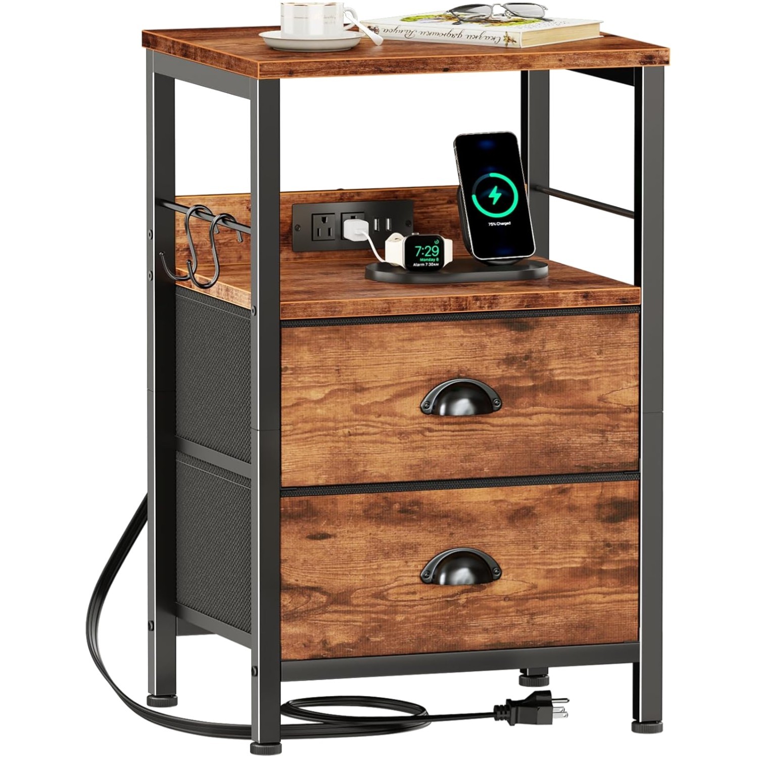 Rustic Brown Night Stand with 2 Drawers & USB Charging Station for Modern Living