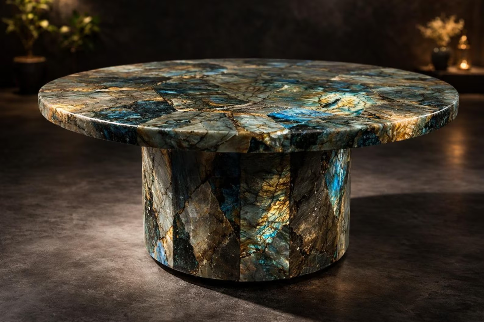 Labradorite Coffee Table Round Gemstone Center Table Luxury Blue Stone Interior