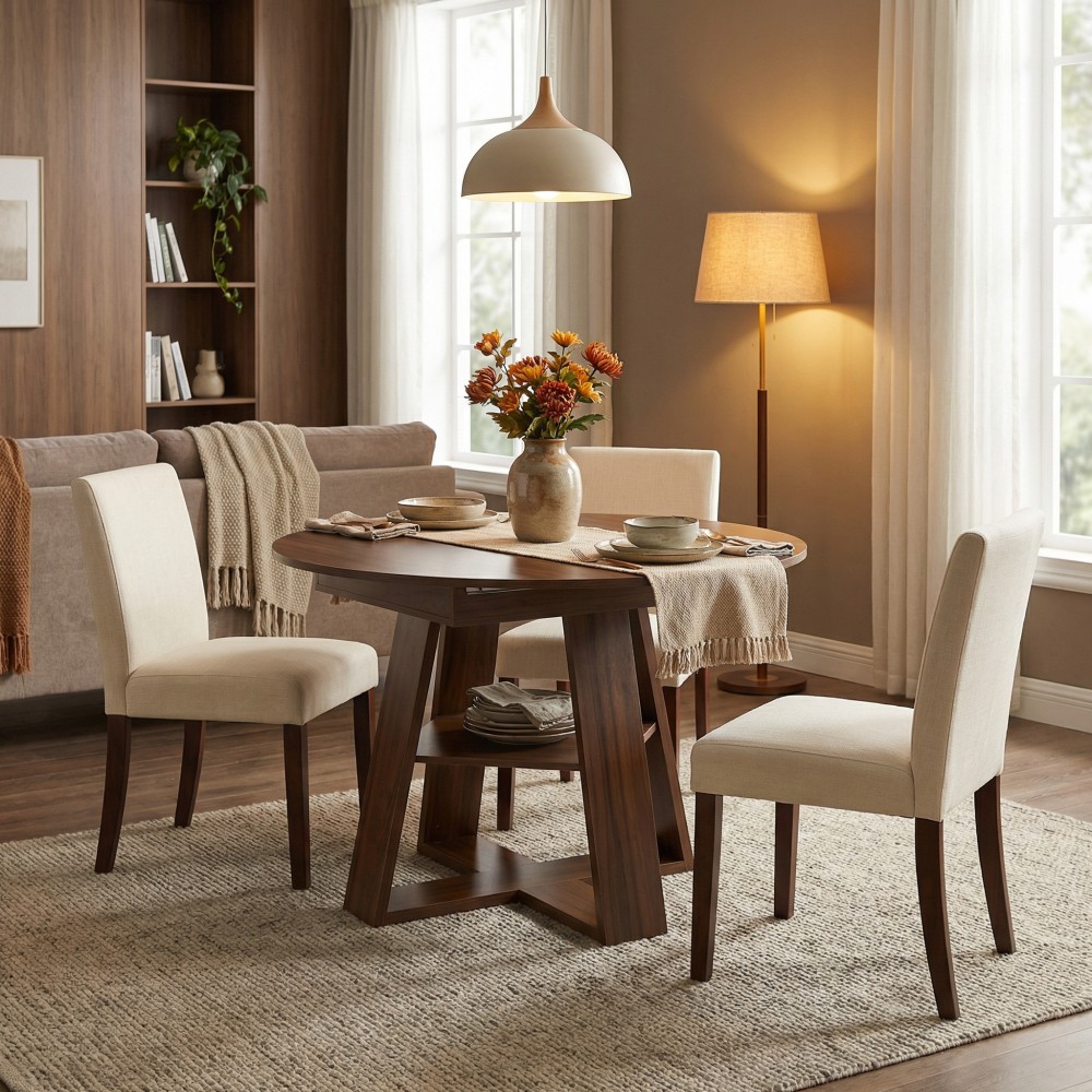 43-59″ Extendable Round Dining Table, Walnut, Space-Saving with Storage Shelf