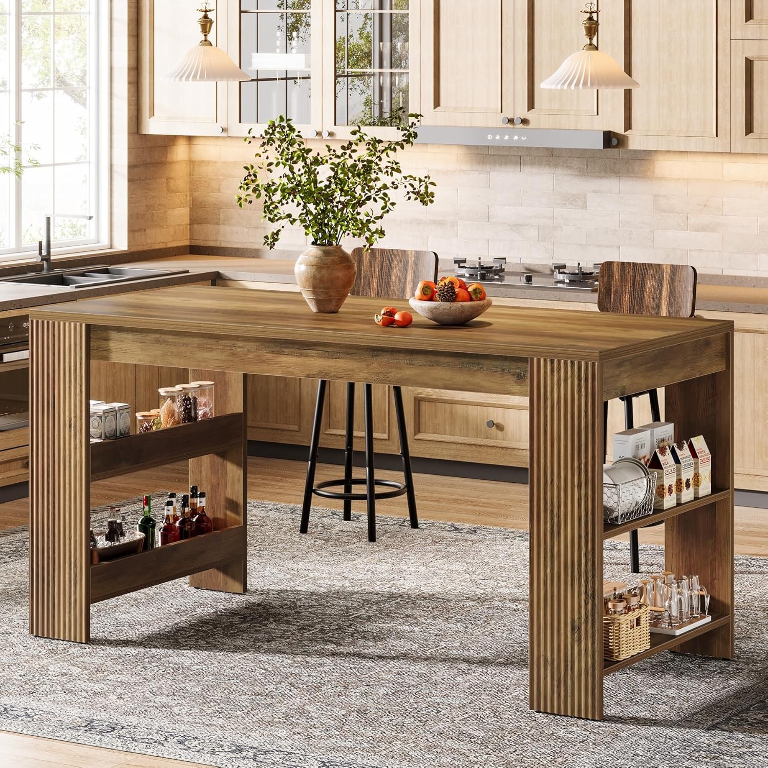 63-Inch Farmhouse Bar Table Rustic Counter Height Pub Table with Storage Shelves