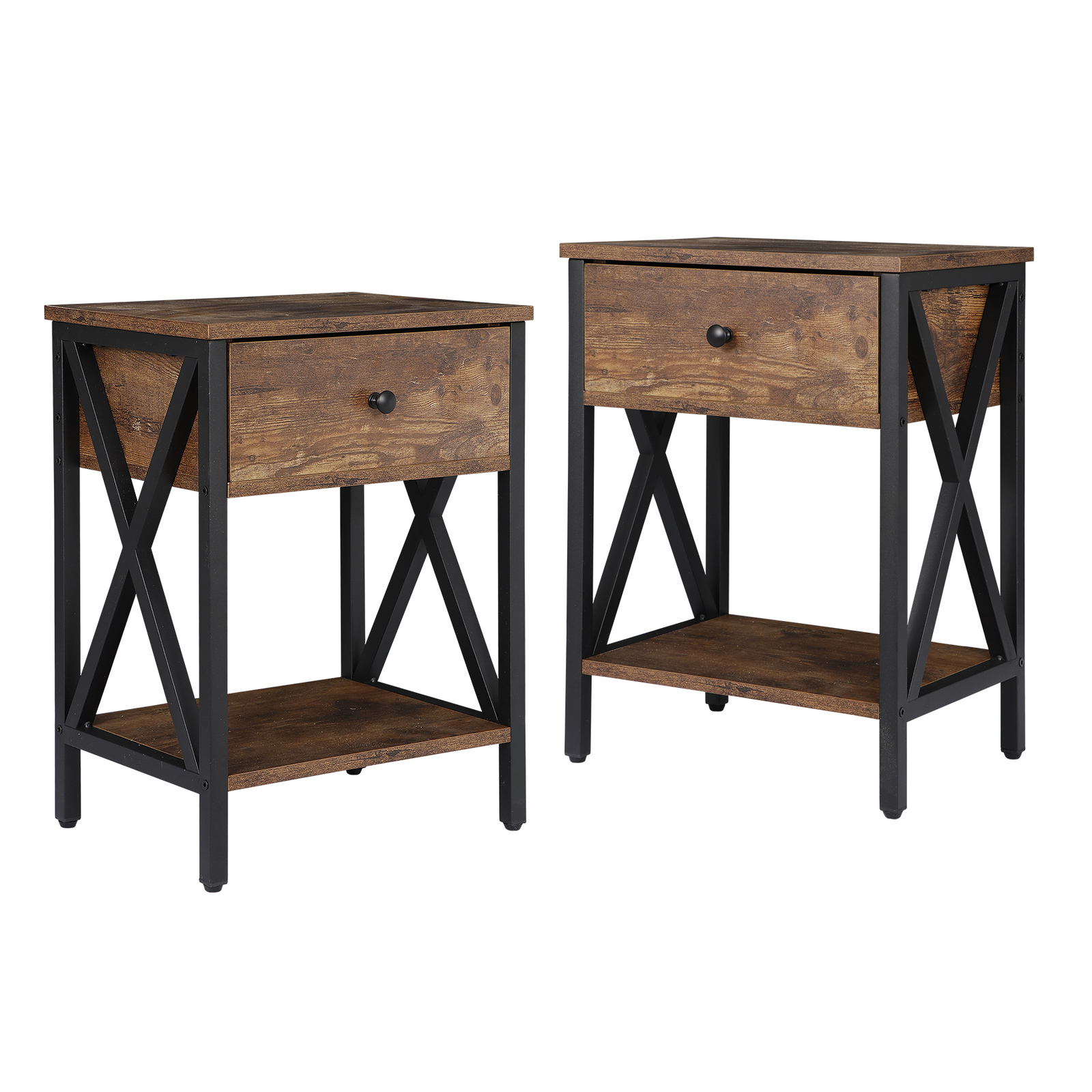 Set of 2 End Tables X-Design Legs Side Sofa Table Storage Shelf W/Drawer Brown