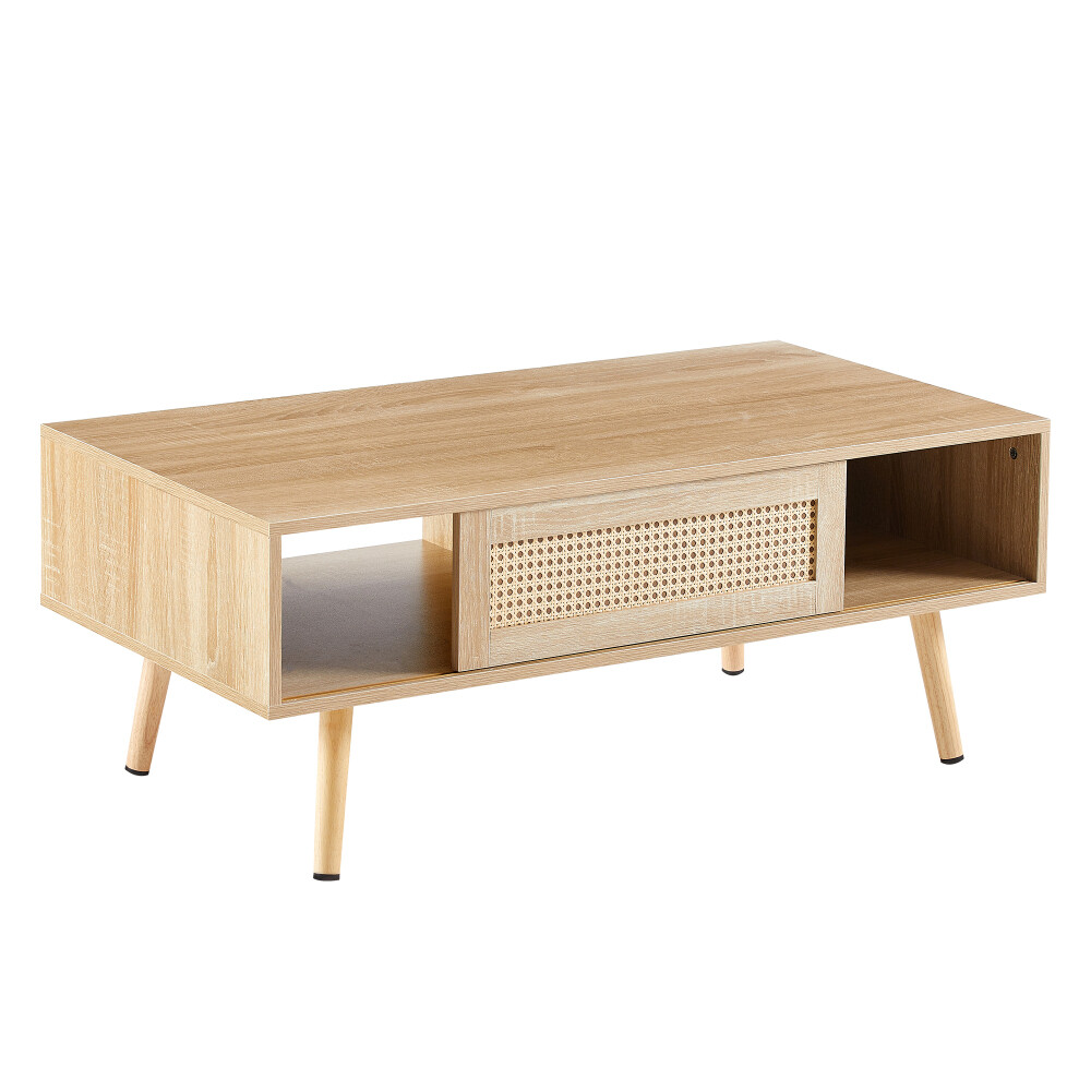 White Rattan Coffee Table with Sliding Doors – Perfect for Living Room
