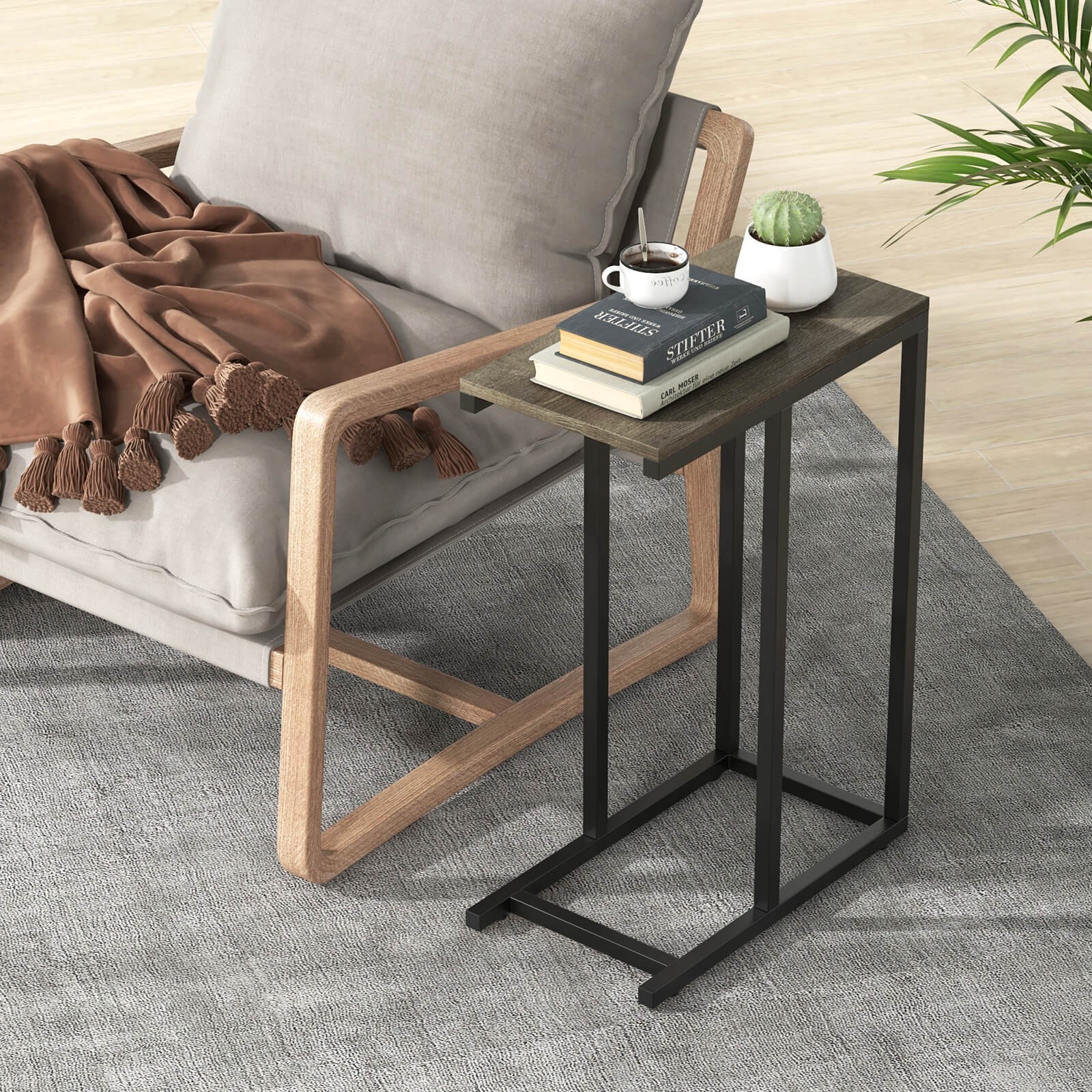 C-shaped Side Table Industrial Sofa Table with Heavy-duty Metal Frame