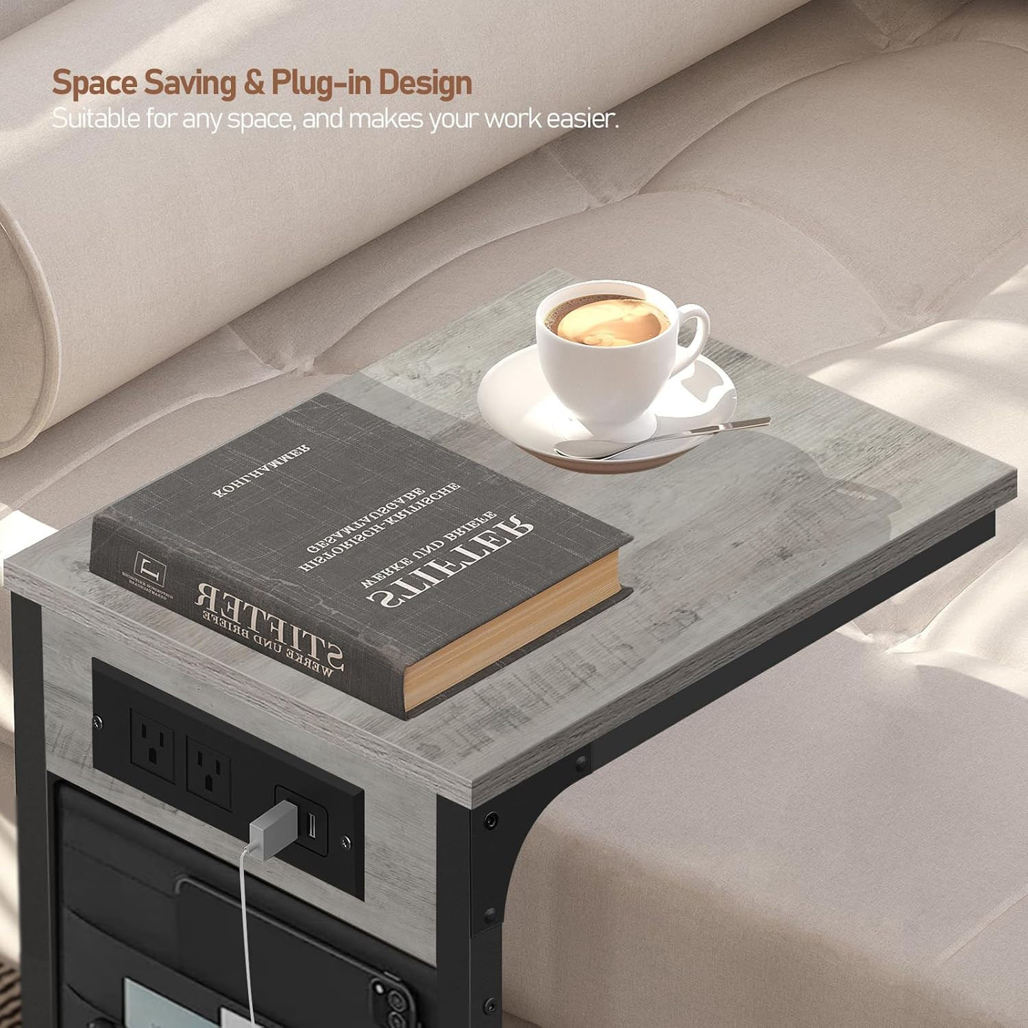 C Shaped End Table with Charging Station, Side Table for Sofa, Couch Table with