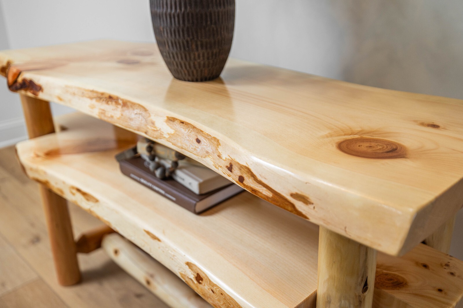 Southern Rustic Logwerks Log Console Table with Shelf Live Edge
