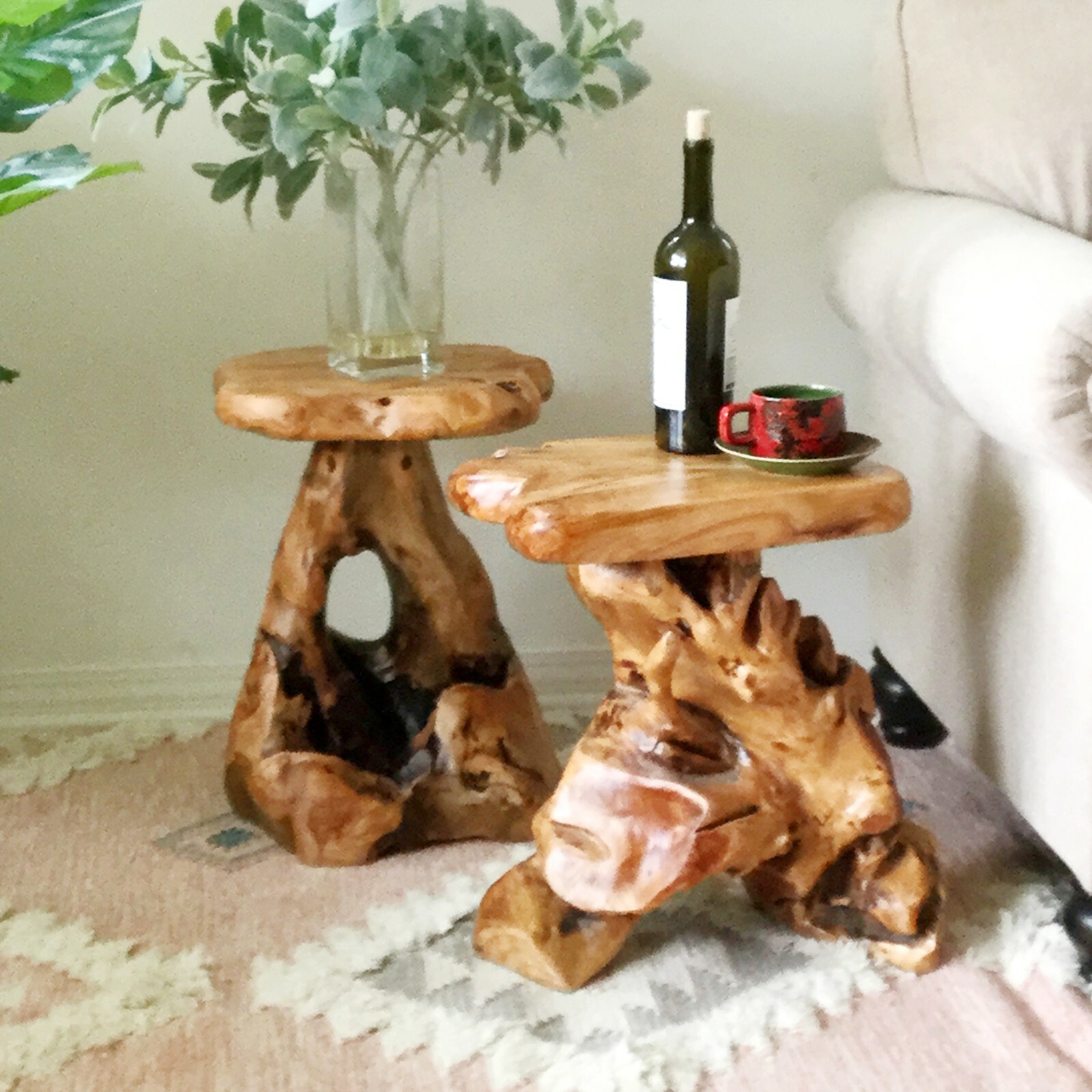 Rustic Cedar Roots Flower Stand Stool, Tree Stump Stool Side Table 19.5″ H