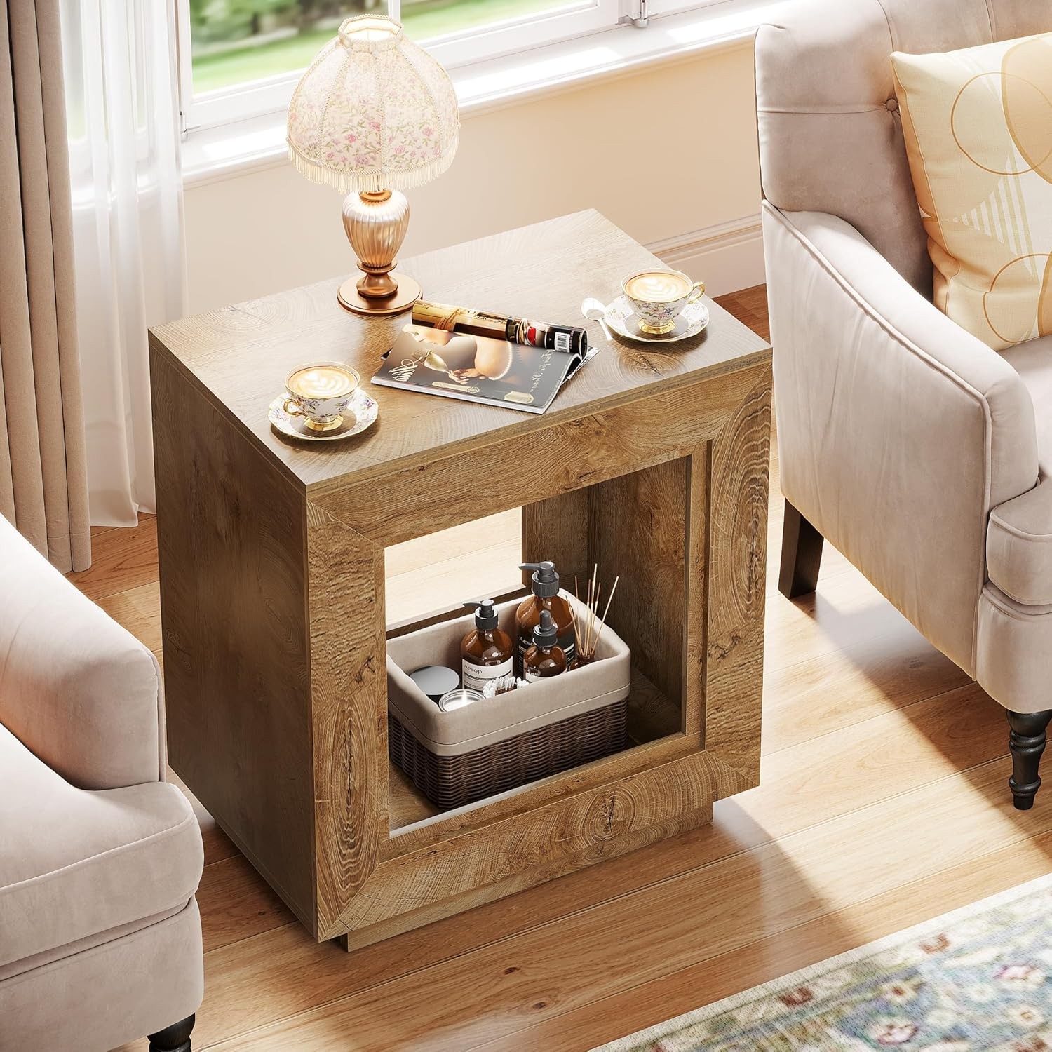 Rustic Wood End Table, 2-Tier Square Side Table with Storage for Living Room