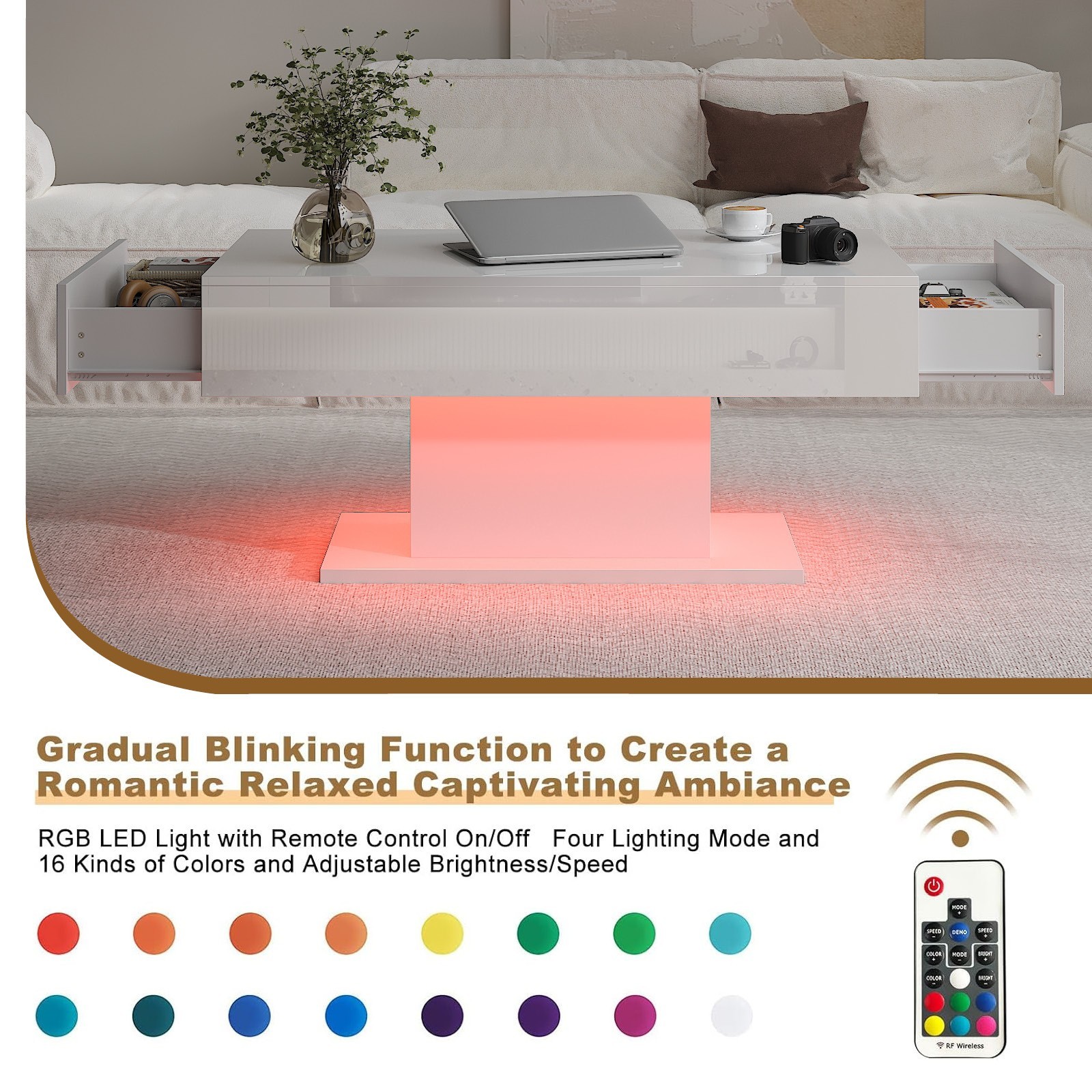 High Glossy Led Coffee Table with 2 Storage Drawers for Living Room Center Table