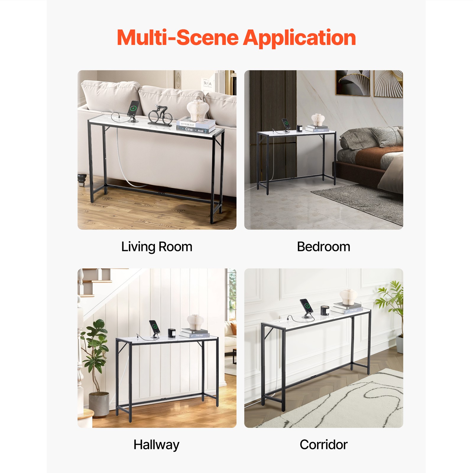 Marble Console Table Modern Narrow Long Console Table with Power Outlet