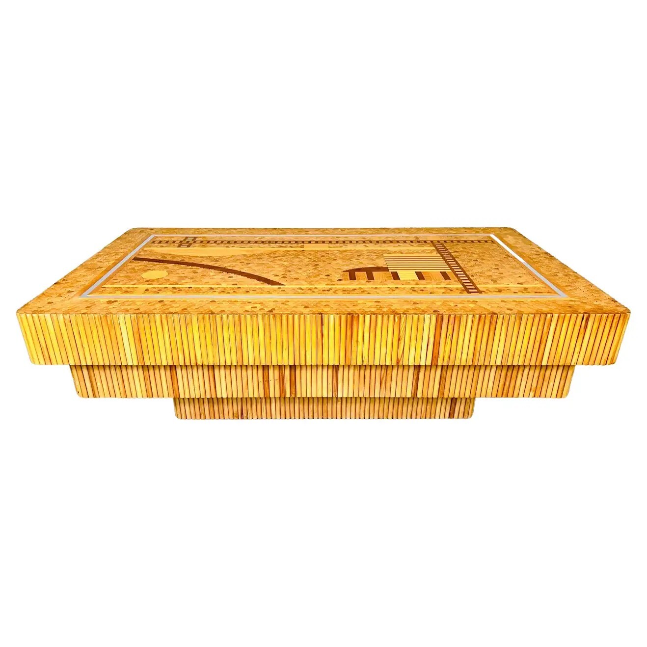 Patterned Marquetry Scenic Organic Doweled Teak Coffee Or Cocktail Table