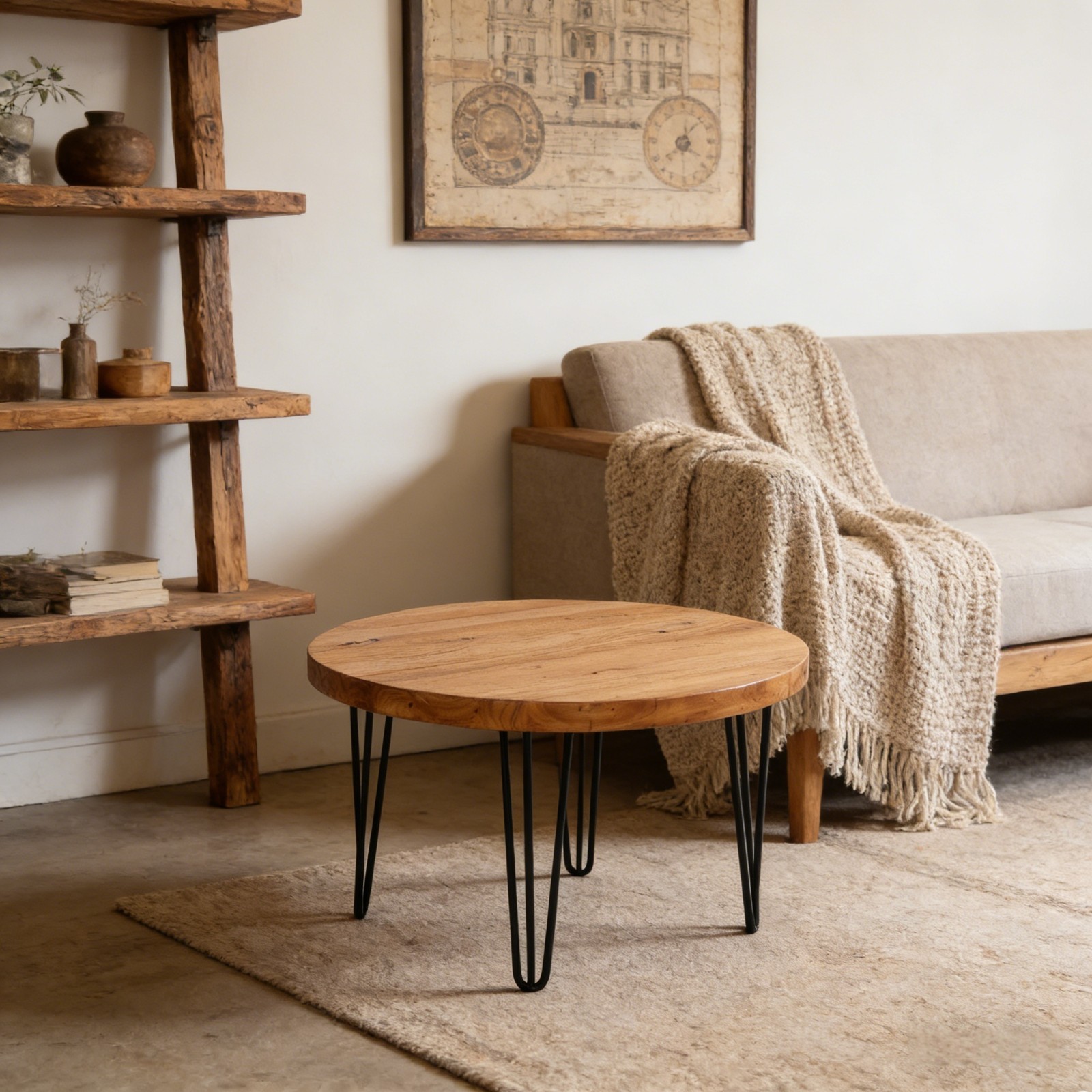 Rustic Round Old Elm Wooden Coffee Table Home Furniture for Living Room Decor