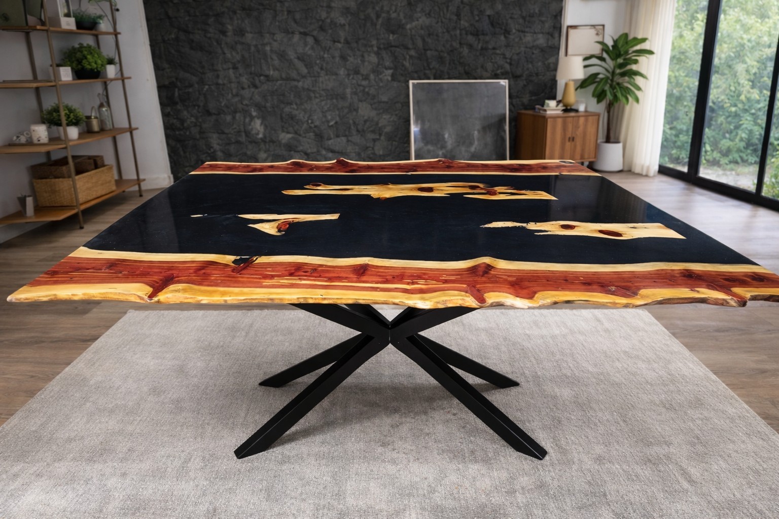 Kansas Cedar Live Edge Resin Rectangular Dining Table, Black/Brown Glossy Finish