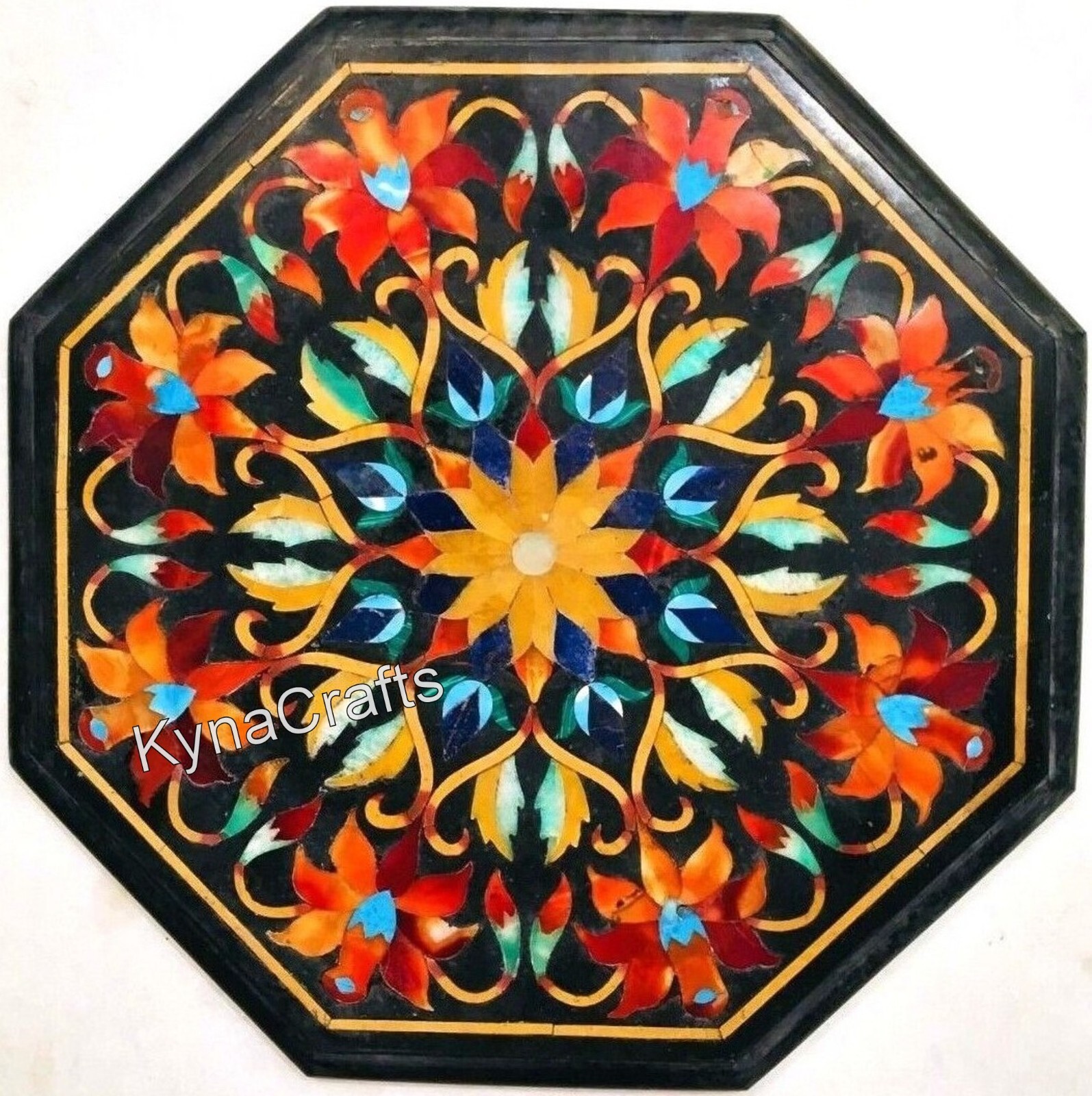 Octagon Marble Sofa Side Table Semi Precious Stone Inlay Work Coffee Table Top