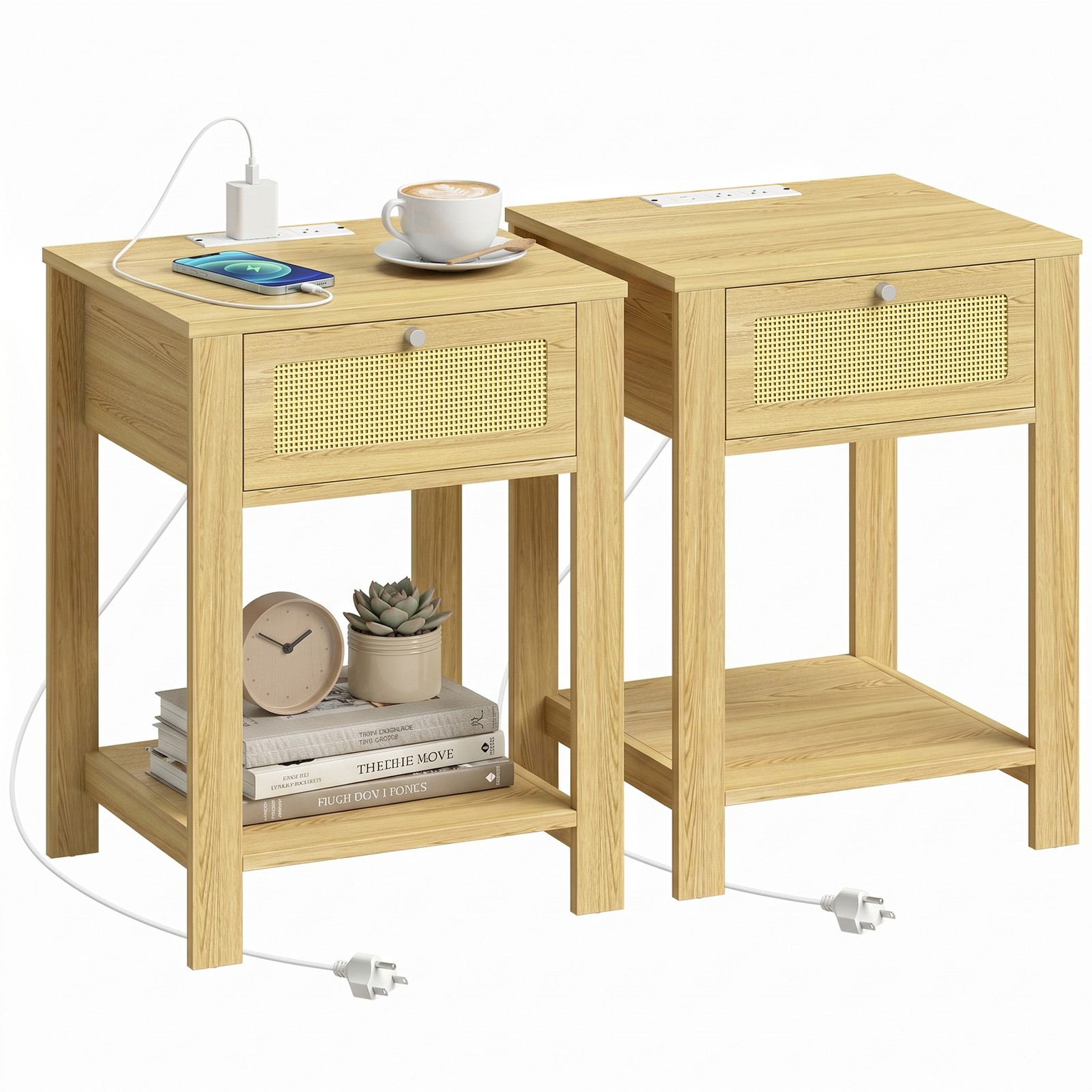 HOMCOM End Table Set of 2 with Charging Station, Bed Side Tables, Natural