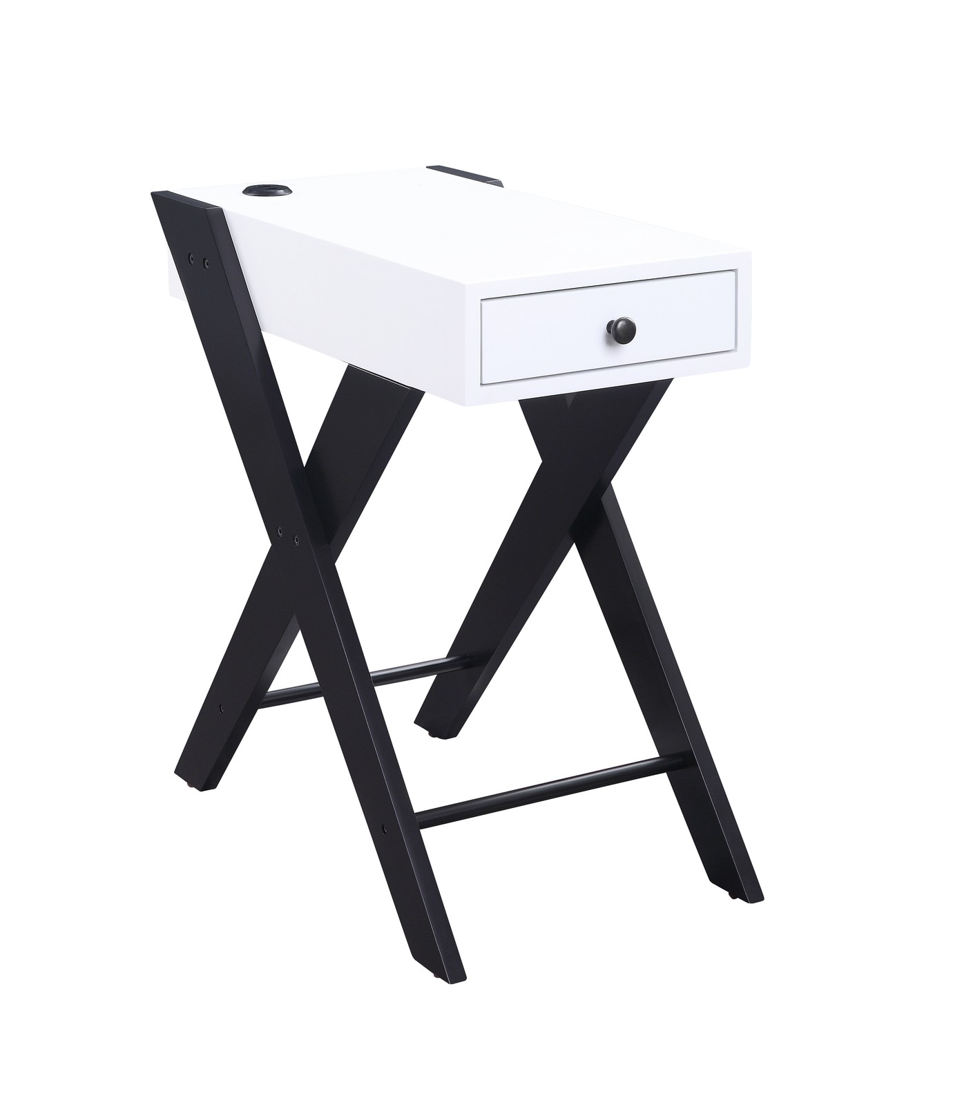 White & Black Accent Table with USB Port & Drawer, 24″H