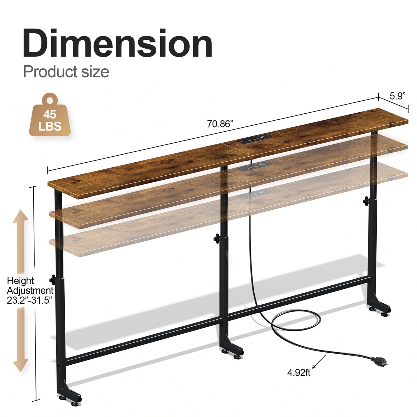 70.9 Inch Behind Couch Table, 24″-32″ Adjustable Height Range, Behind The Cou…