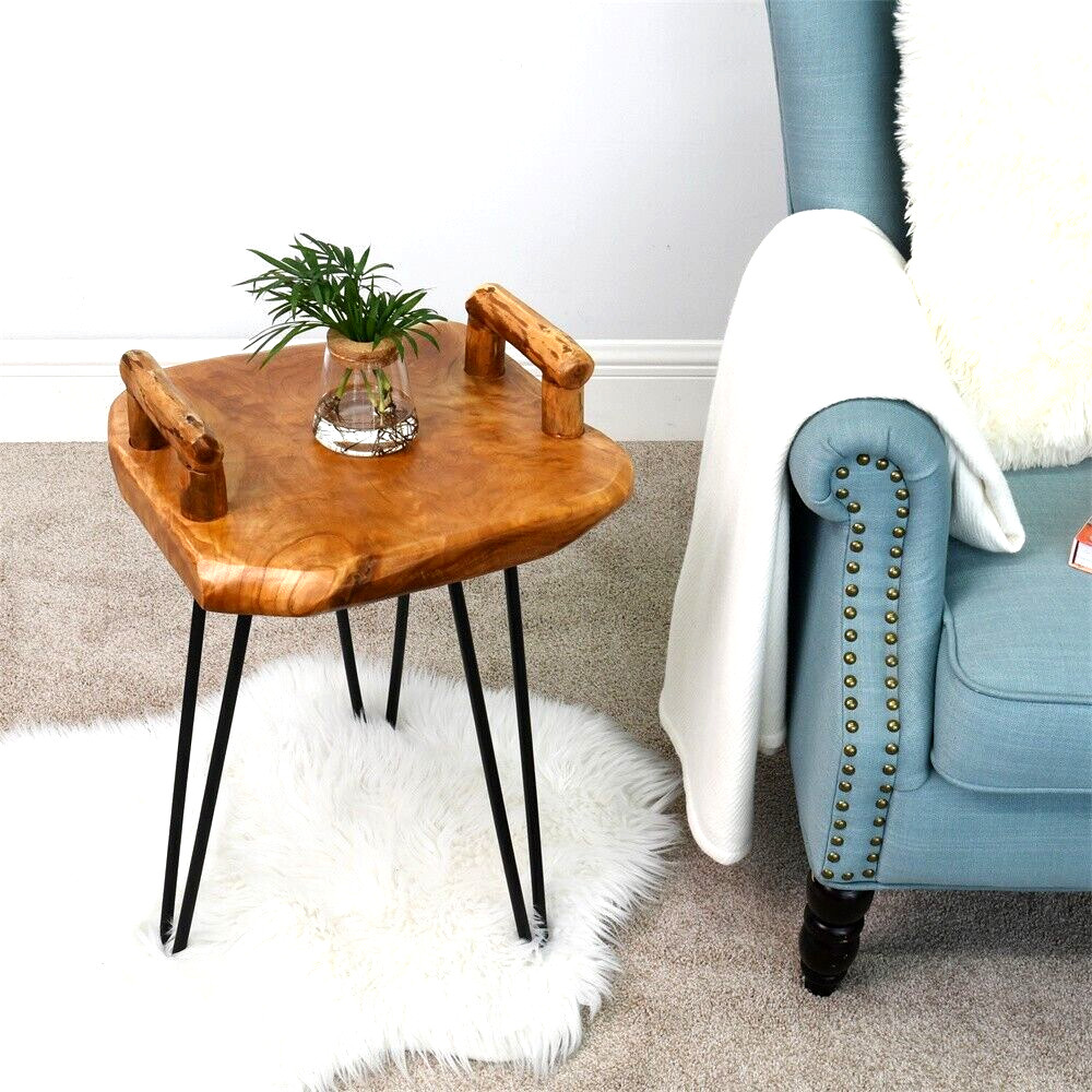GREENAGE Cedar Service Tray Table, Natural Edge End Table 15″ x 15″ x 23.5″ High