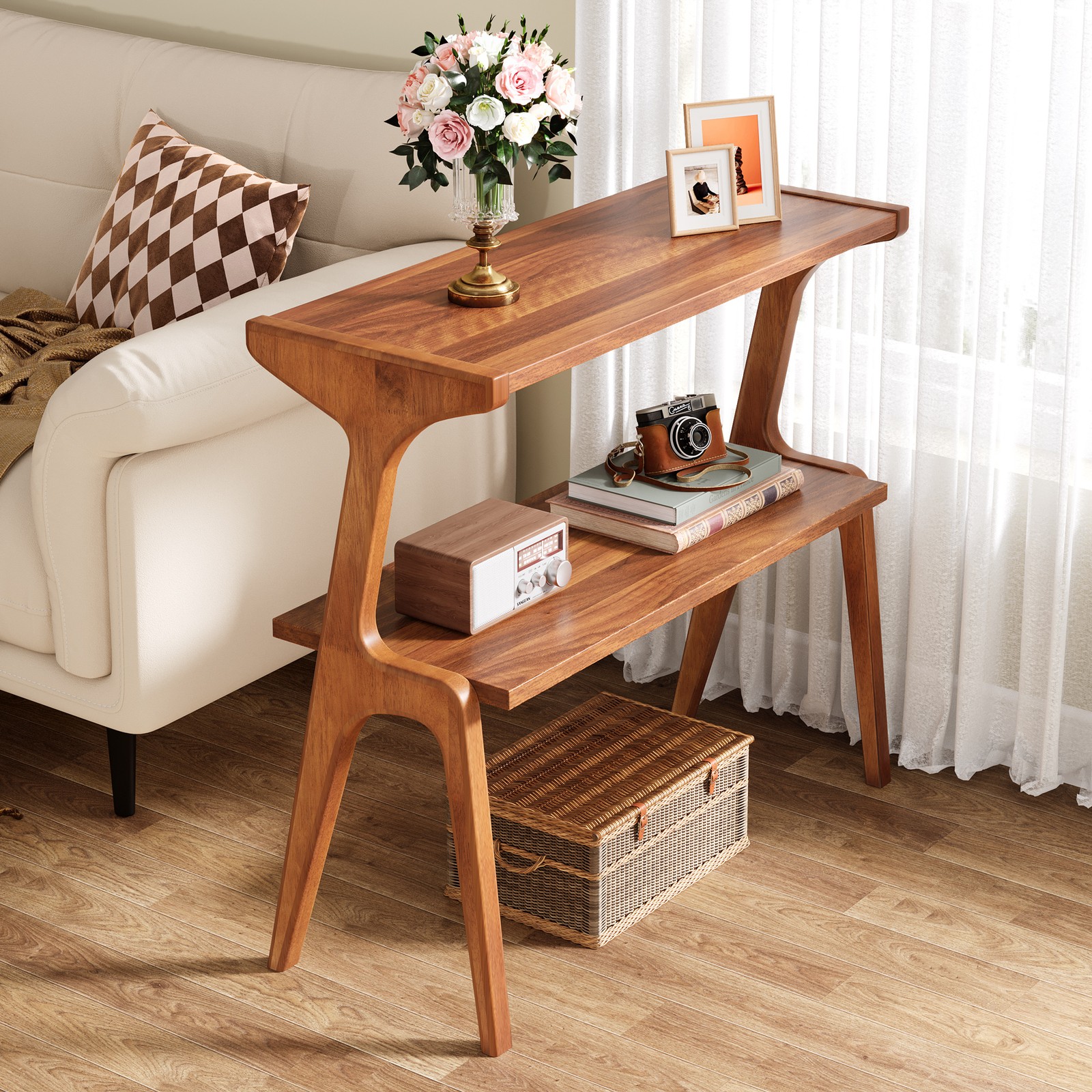 Mid Century Modern 27.56″ Solid Wood End Table – Narrow Farmhouse Side Table